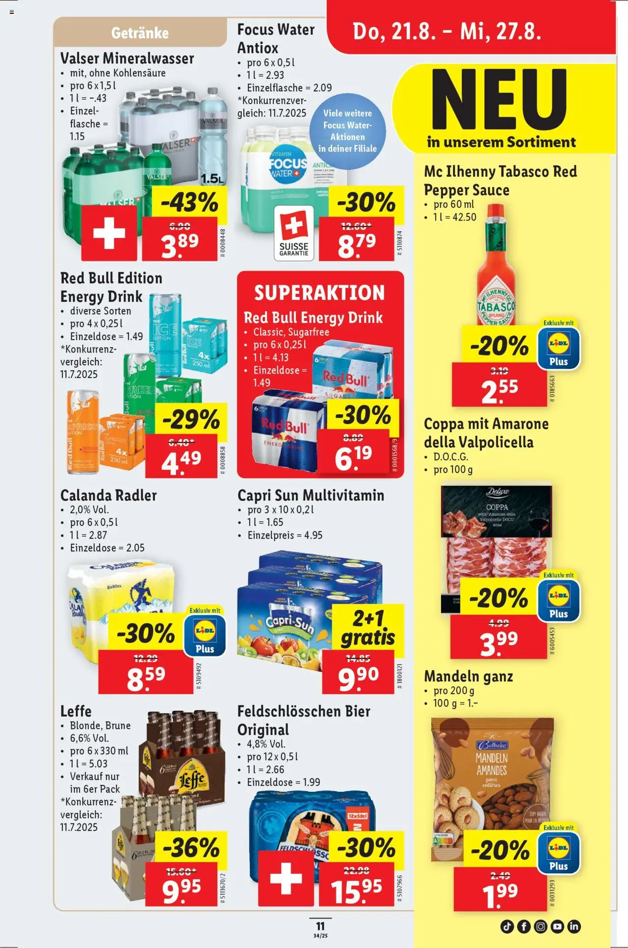 Lidl Aktionen ab 21.08.2025 | Seite: 13 | Produkte: Red bull, Mineralwasser, Bier