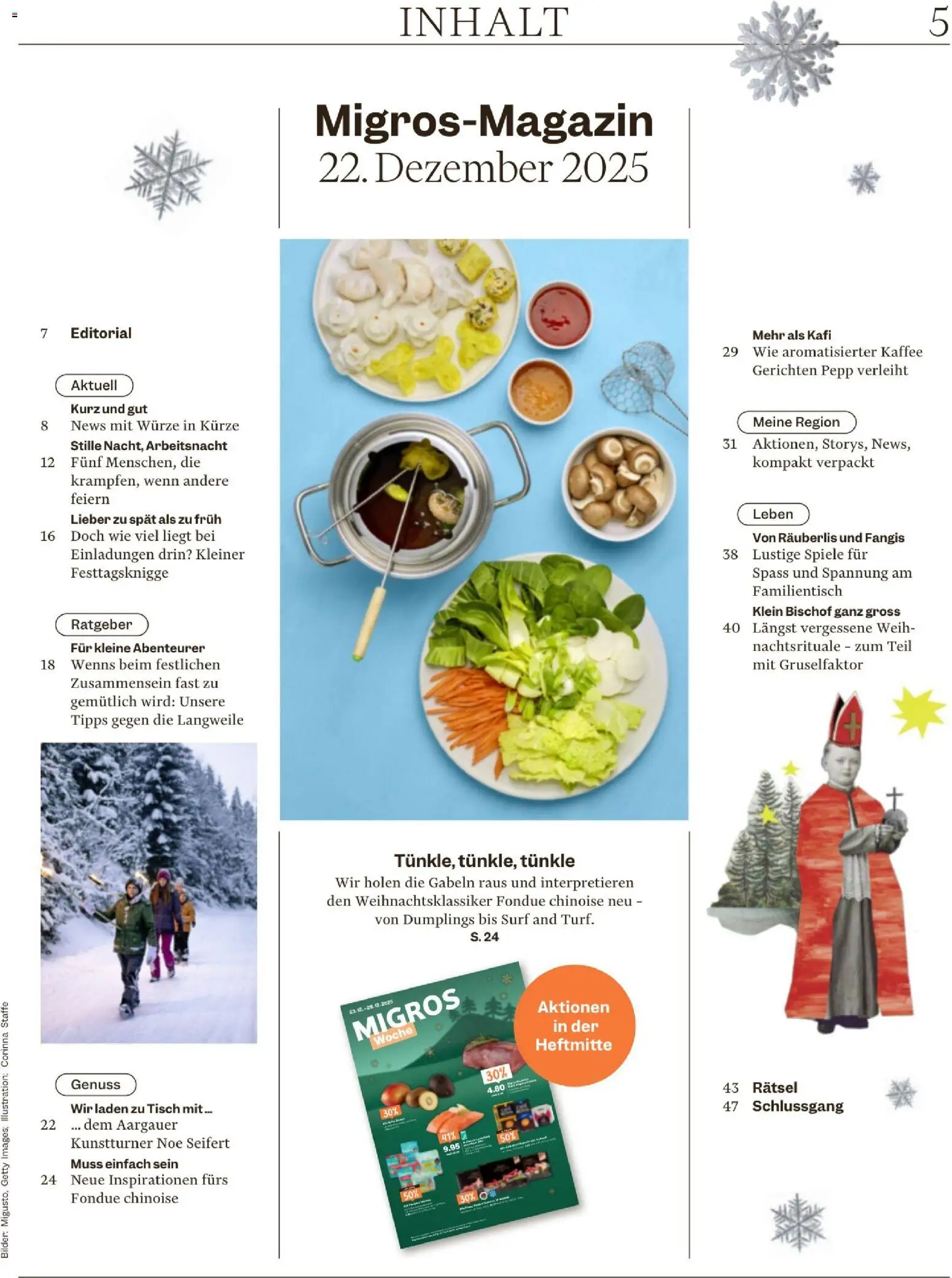 Migros Magazin – gültig ab 23.12.2025 | Seite: 5 | Produkte: Tisch, Kaffee, Fondue, Bilder