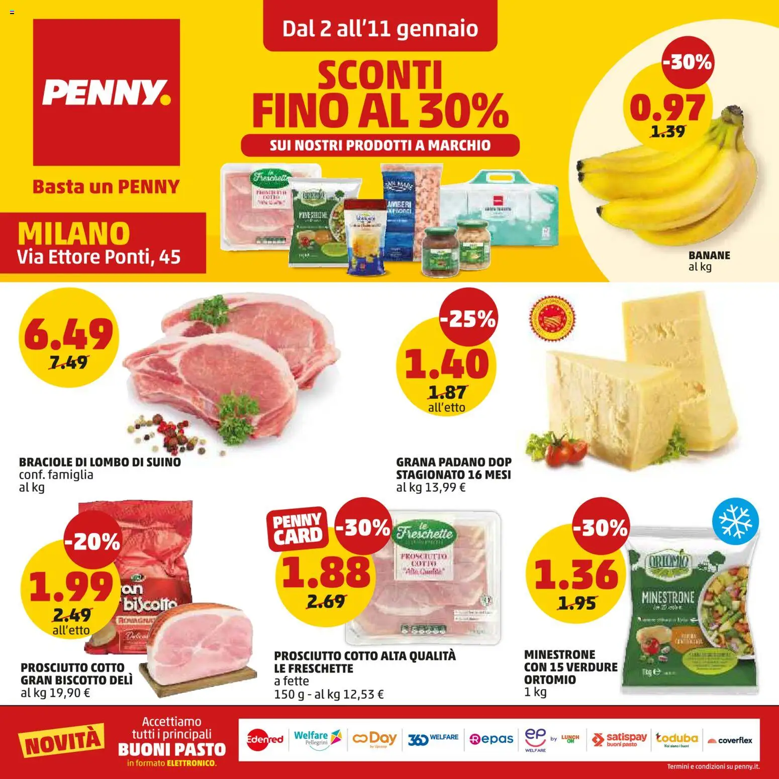 Volantino PENNY del 02.01.2026 | Pagina: 1 | Prodotti: Minestrone, Banane, Prosciutto, Grana Padano