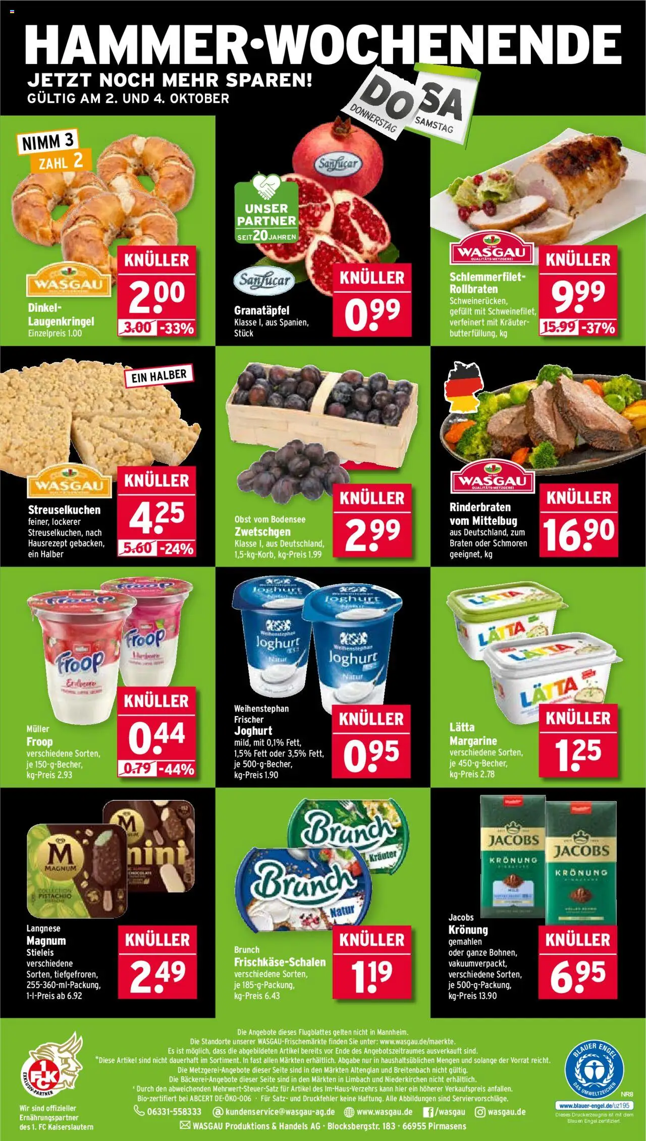 Wasgau Prospekt 	 – gültig ab 29.09.2025 | Seite: 28 | Produkte: Rinderbraten, Langnese, Granatapfel, Obst