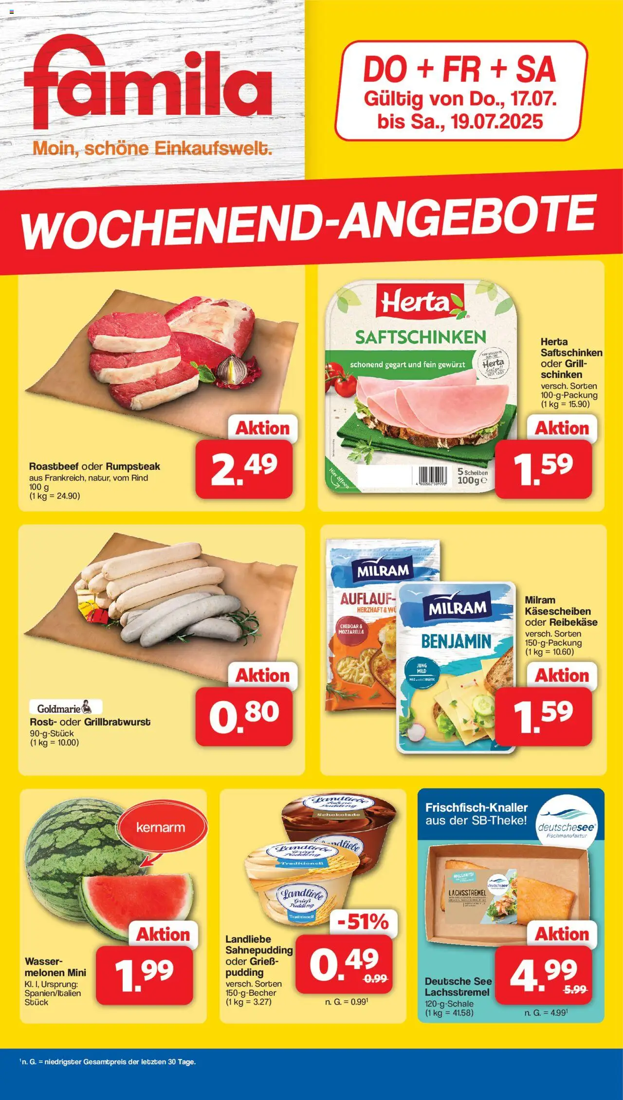 Famila Nordwest   Wochenend-angebote - gültig ab dem 17.07.2025 | Seite: 1 | Produkte: Grill, Mozzarella, Roastbeef, Wasser