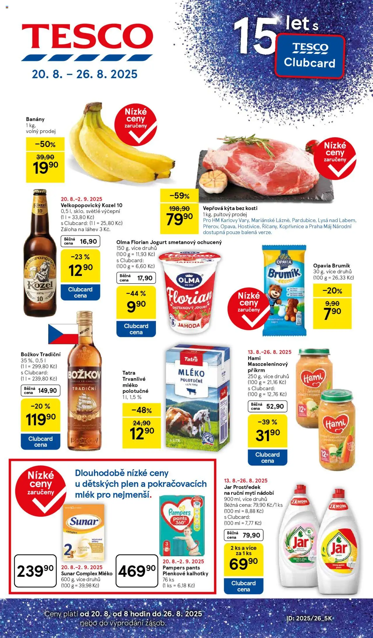 Tesco leták - Hypermarket od 20.08.2025 | Strana: 1 | Produkty: Banány, Sunar, Kozel, Božkov