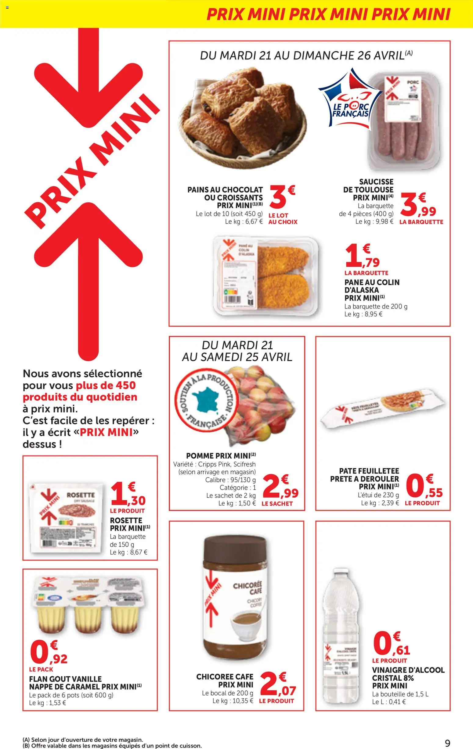 {H1} | Page: 9 | Produits: Pâte feuilletée, Chocolat, Vinaigre, Porc