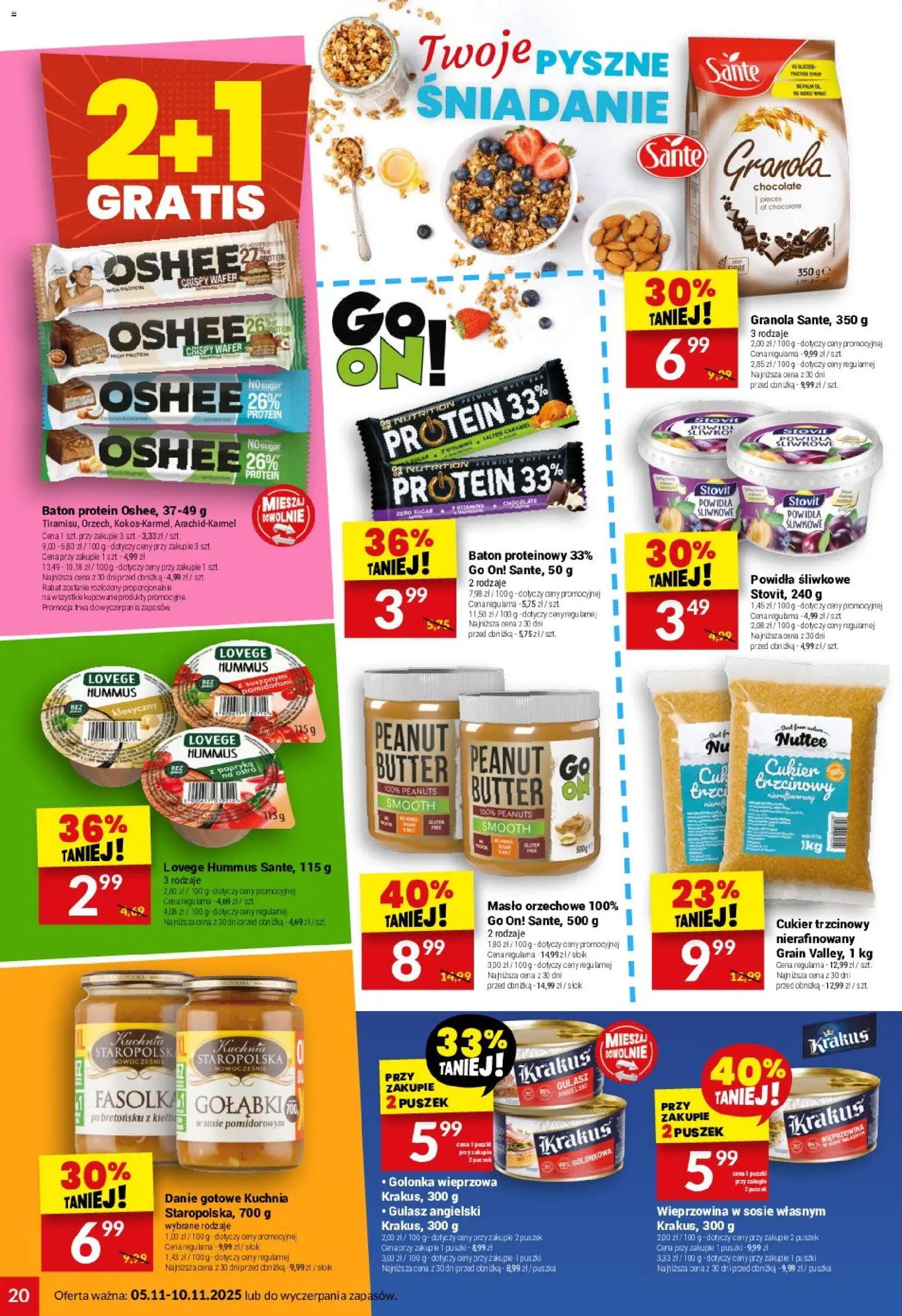 Twój Market Gazetka od 05.11.2025 | Strona: 20 | Produkty: Granola, Powidła, Cukier trzcinowy, Wieprzowina