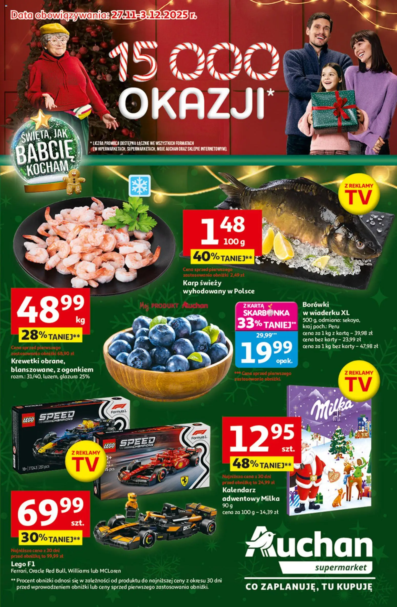 Auchan Gazetka od 27.11.2025 | Strona: 1 | Produkty: Krewetki, Kalendarz, Lego, Milka