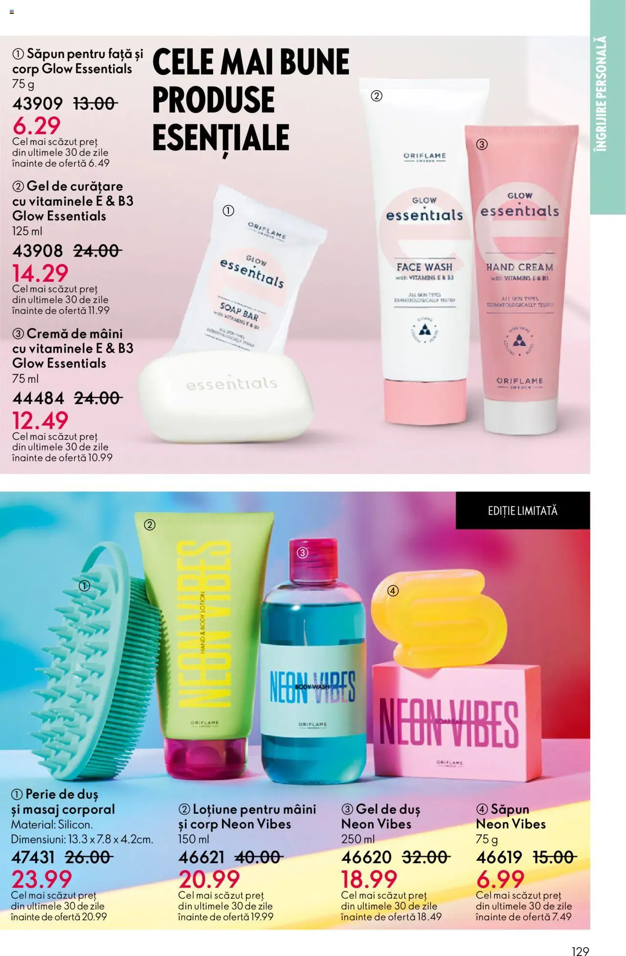 Oriflame catalog 13 2025 – valabil de la 10.09.2025 | Pagină: 129 | Produse: Gel de curățare, Duș, Perie, Cremă