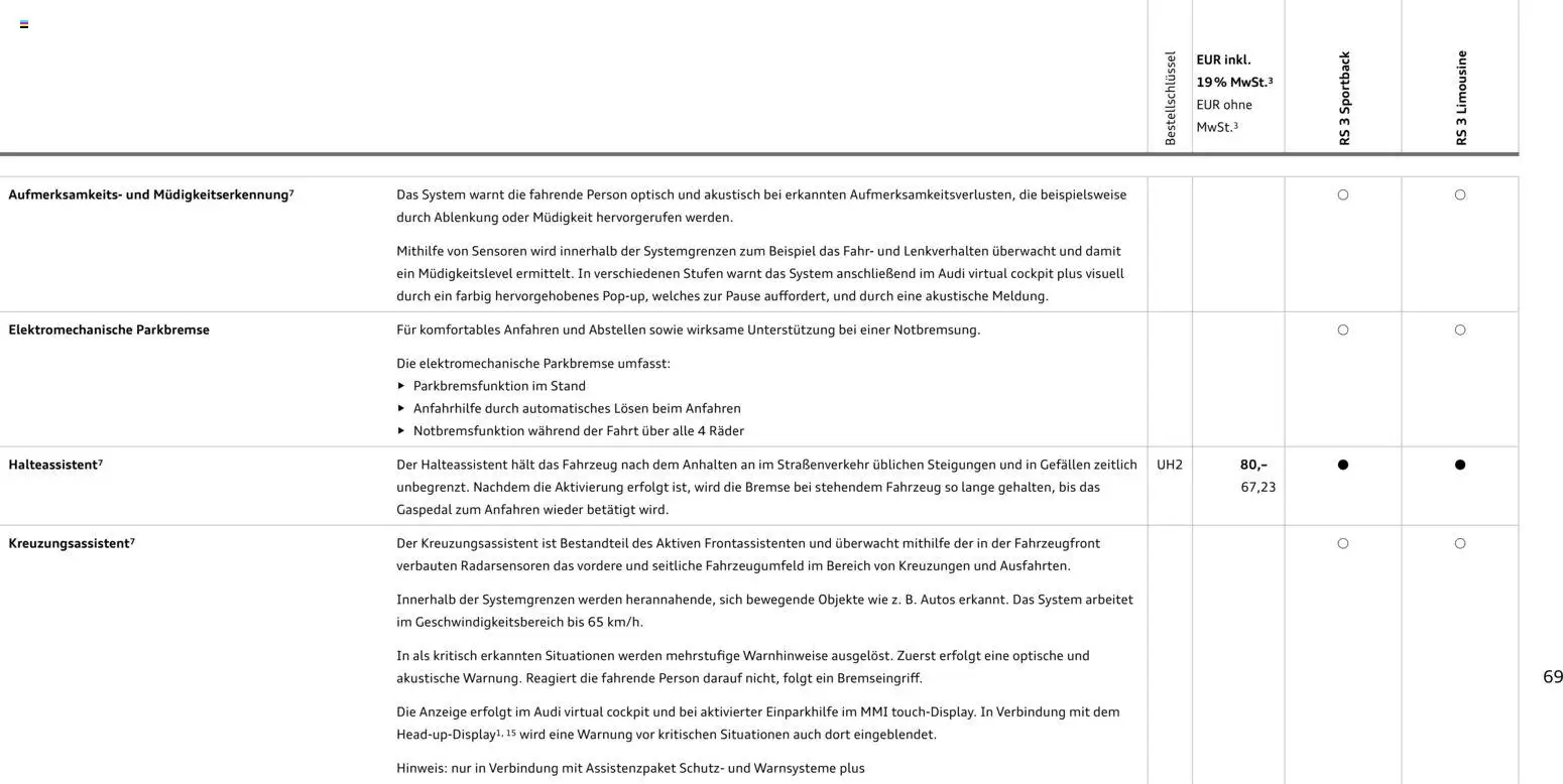 Audi RS 3 Sportback / RS 3 Limousine – gültig ab 28.10.2025 | Seite: 69