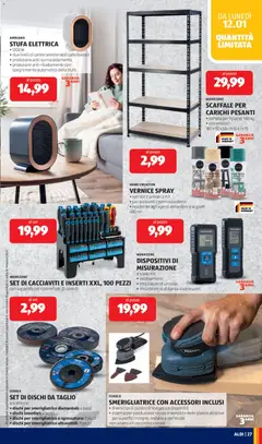 Anteprima del volantino SMERIGLIATRICE CON ACCESSORI INCLUSI, diversi tipi di piastre di levigatura disponibili • sistema per sostituzione rapida e semplice delle piastre abrasive per superfici in legno, metallo e verniciate non adatto all'uso professionale valido a partire dal 12.01.2026 | Pagina: 27 | Prodotti: Ripiano, Stufa, Scaffale, Smerigliatrice