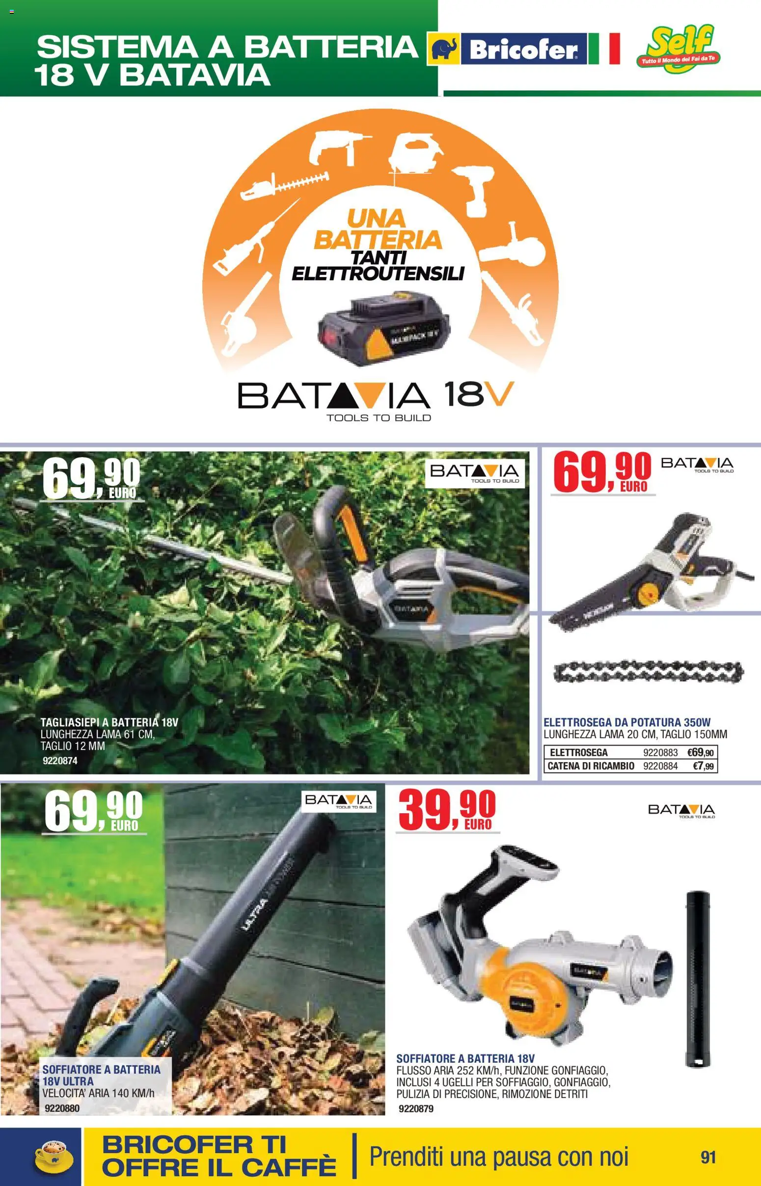 Volantino Bricofer del 14.04.2026 | Pagina: 91 | Prodotti: Caffè, Tè, Tagliasiepi, Batteria