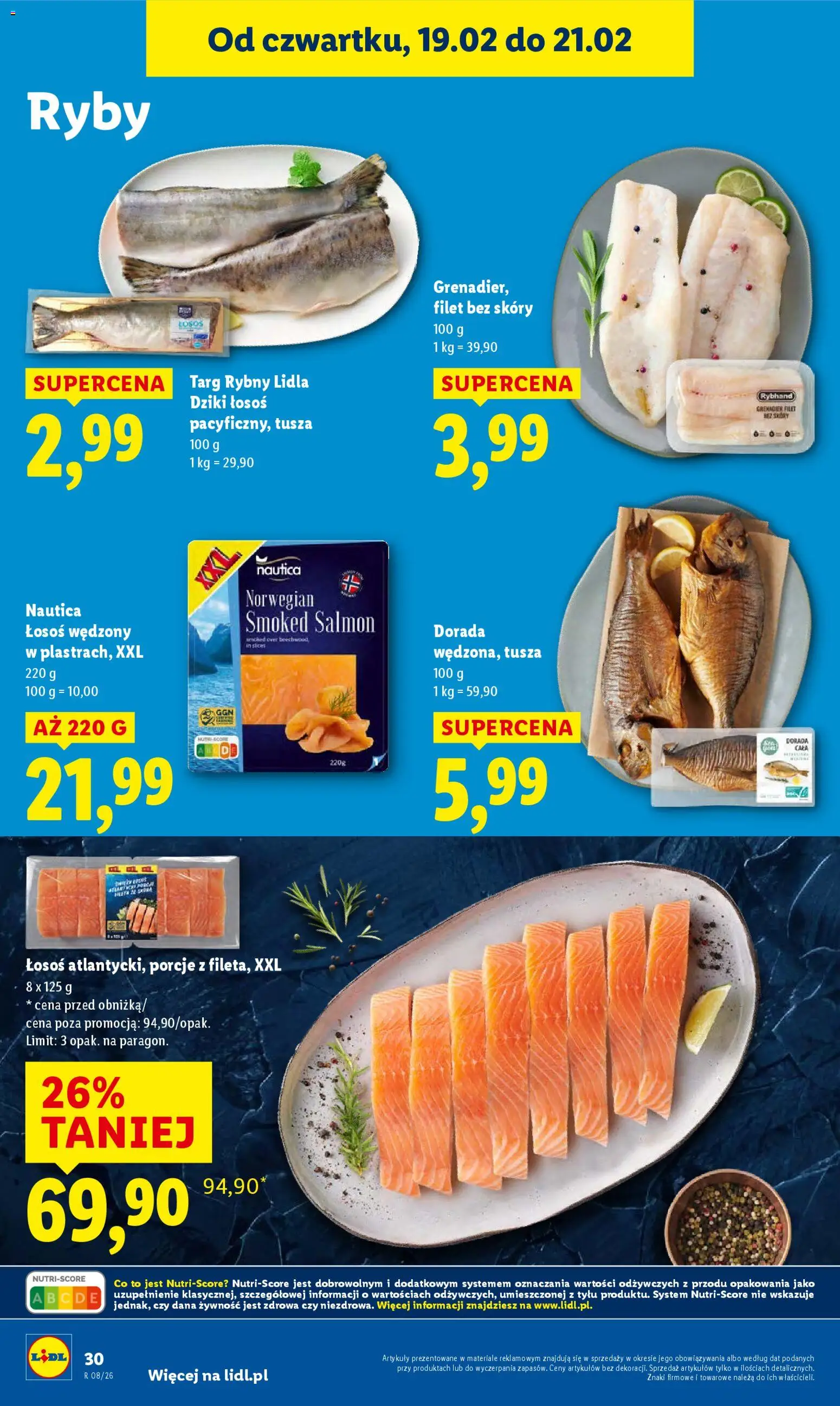 Lidl Gazetka od 19.02.2026 | Strona: 30 | Produkty: Łosoś wędzony, Łosoś, Dorada, Ryby