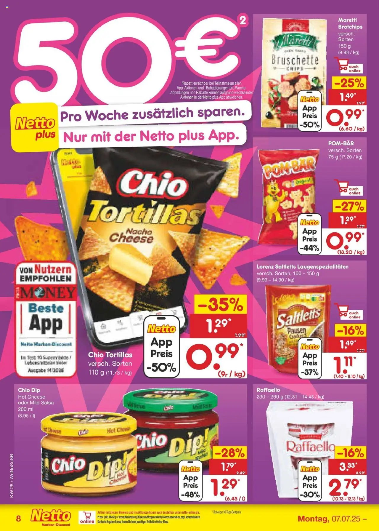 Netto Marken-Discount prospekt Lahnau	 - gültig ab dem 07.07.2025 | Seite: 10 | Produkte: Raffaello, POM-BÄR, Chio tortillas, Chips