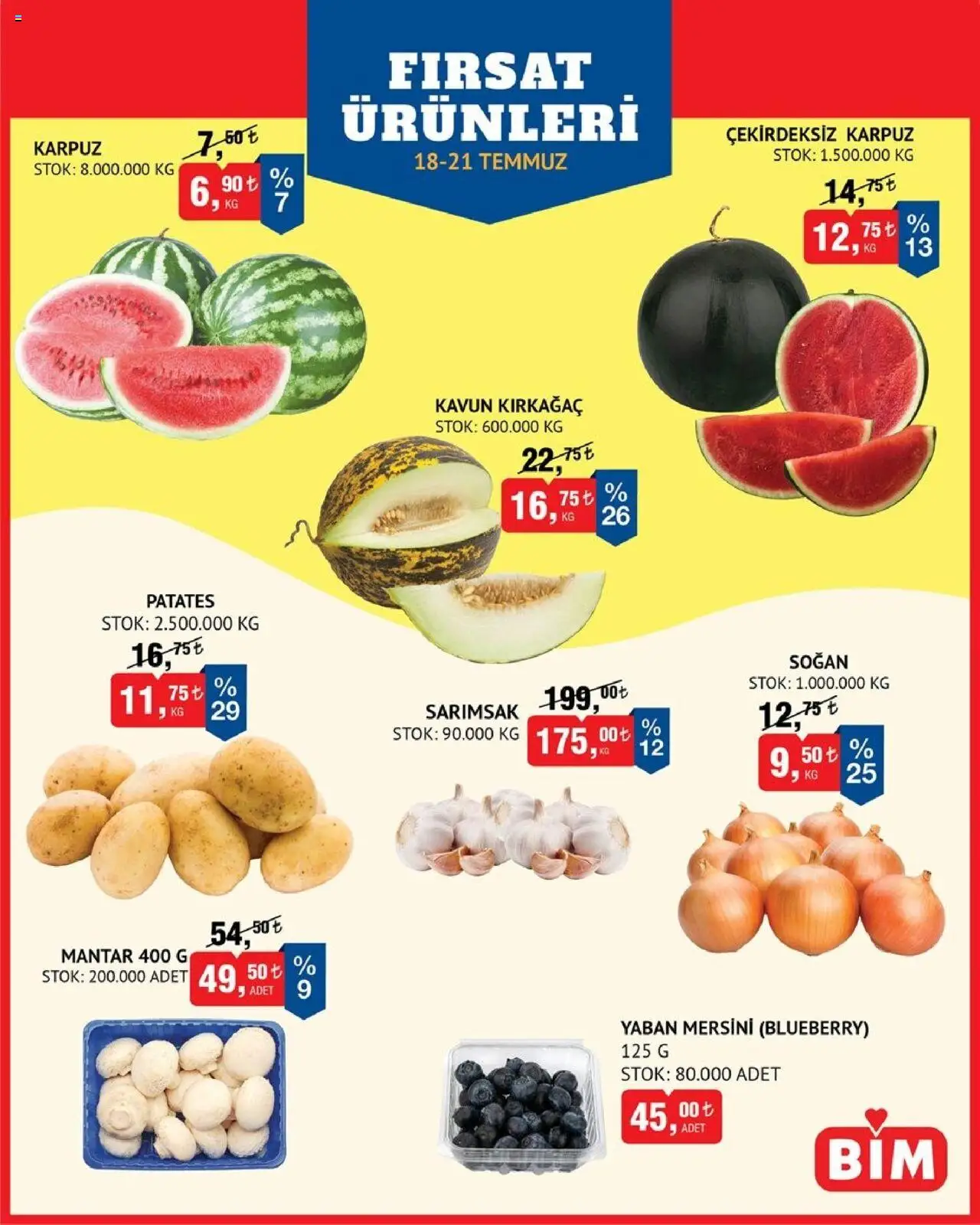 BİM - Meyve-Sebze, Meyve Sebze - 18.07.2025 tarihinden itibaren geçerlidir | Sayfa: 1 | Ürünler: Patates, Sarımsak, Karpuz, Yaban mersini