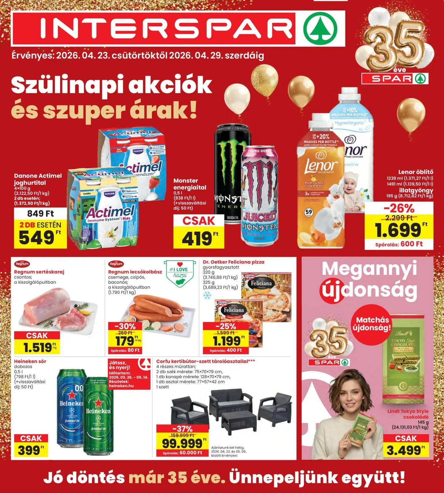 Interspar akciós ujság - amely érvényes a következő dátumtól: 23.04.2026 | Oldal: 1 | Termékek: Energiaital, Szék, Öblítő, Lecsókolbász