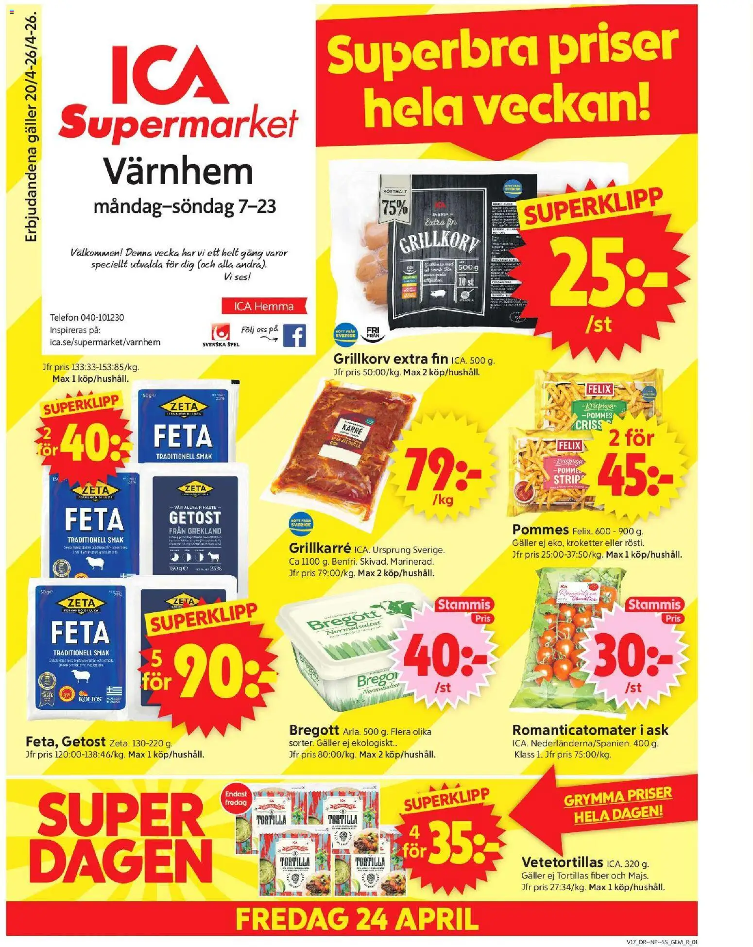 ICA Supermarket reklamblad aktuell från 20.04.2026 | Sida: 1 | Produkter: Gem, Bregott, Grillkorv, Spel