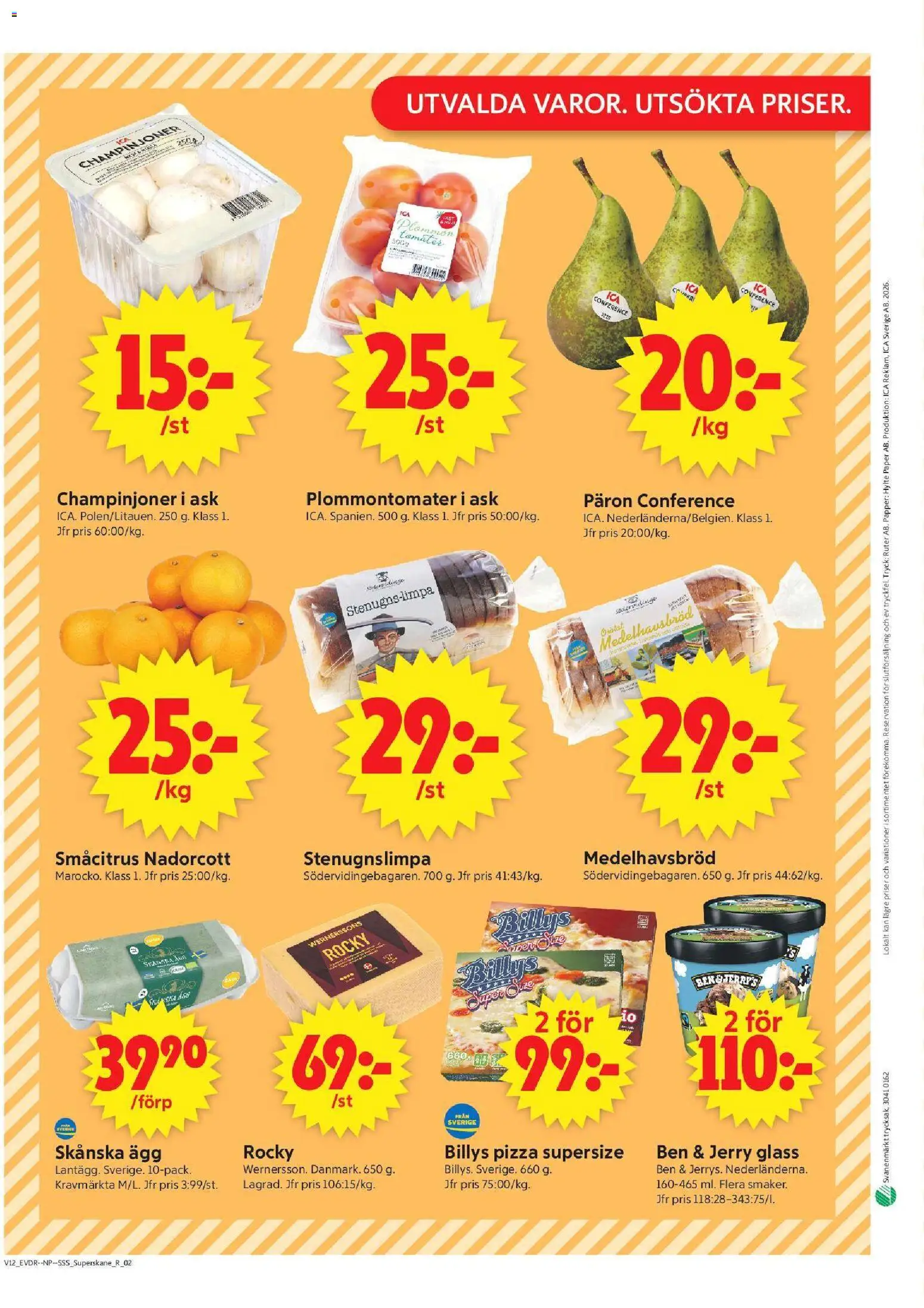 ICA Supermarket reklamblad aktuell från 16.03.2026 | Sida: 8 | Produkter: Plommon, Ägg, Pizza, Champinjoner