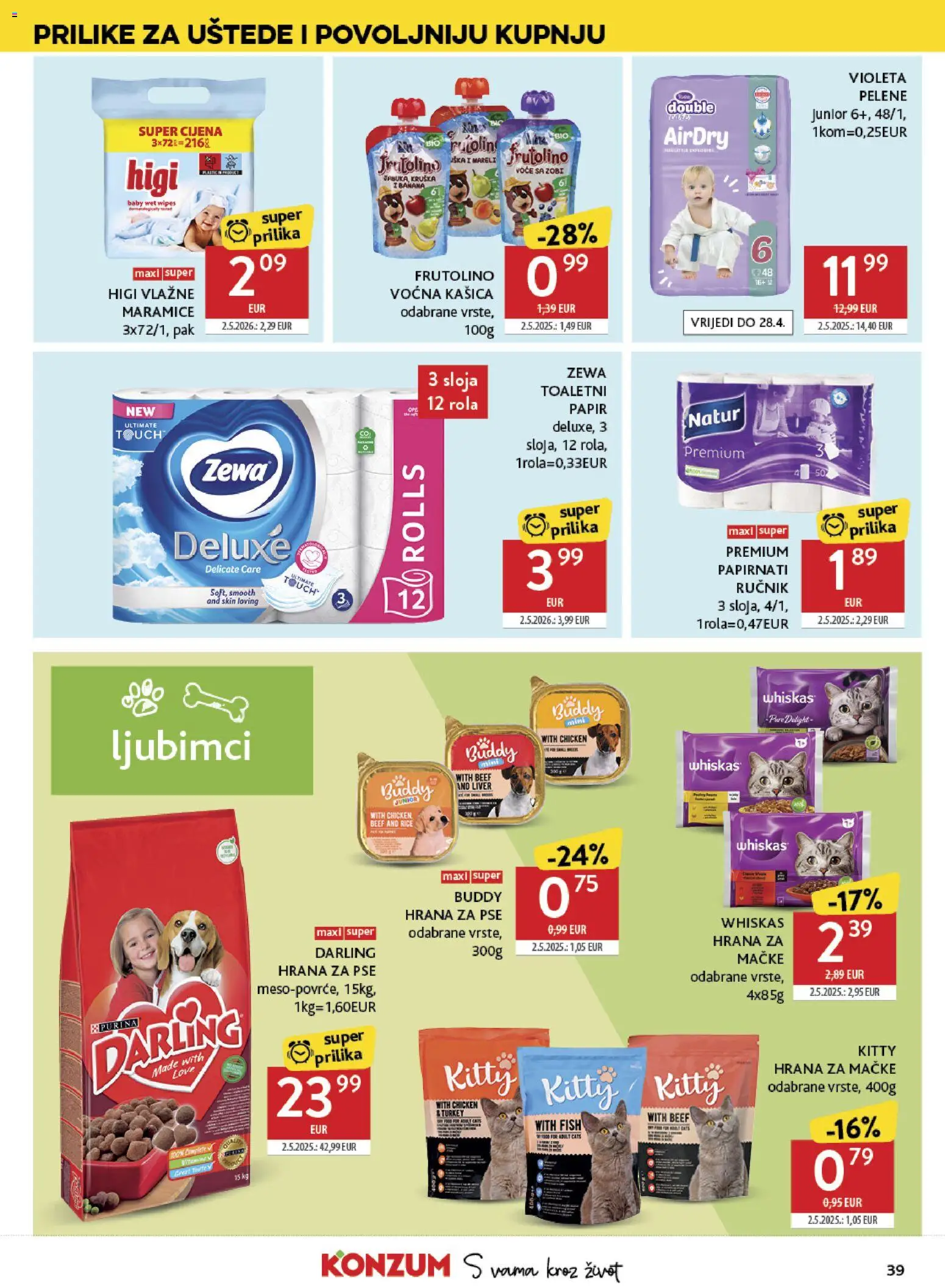 Konzum katalog | vrijedi od 15.04.2026 | Stranica: 39 | Proizvodi: Vlažne maramice, Voće, Hrana za mačke, Zewa