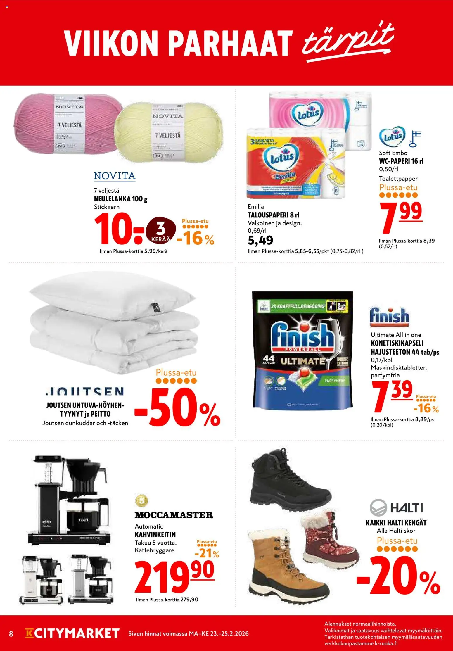 K-Citymarket tarjoukset – voimassa 23.05.2026 alkaen | Sivu: 8 | Tuotteet: Tyynyt, Kahvinkeitin, Peitto