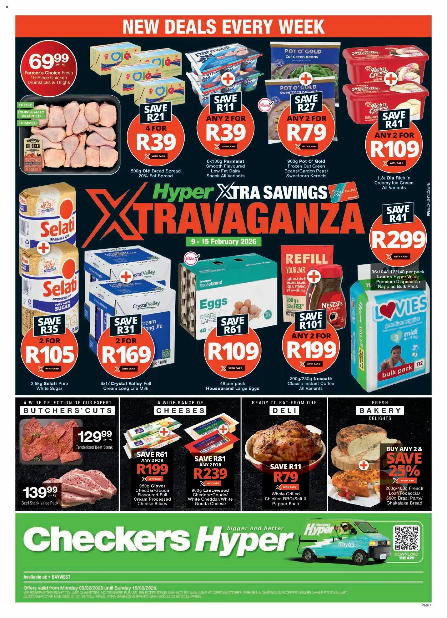 New Checkers catalogue – valid from 09.02.2026 | Page: 1 | Products: Bakery, Chicken, Sugar, Nappies