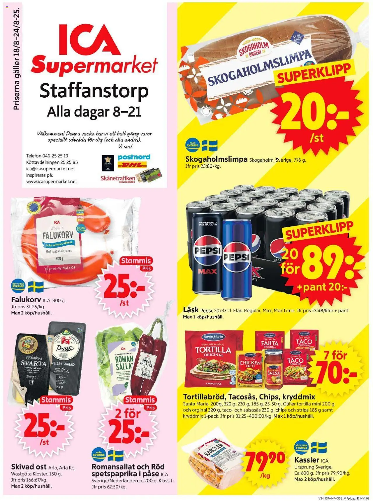 ICA Supermarket reklamblad aktuell från 18.08.2025 | Sida: 1 | Produkter: Bageri, Falukorv, Chips, Telefon
