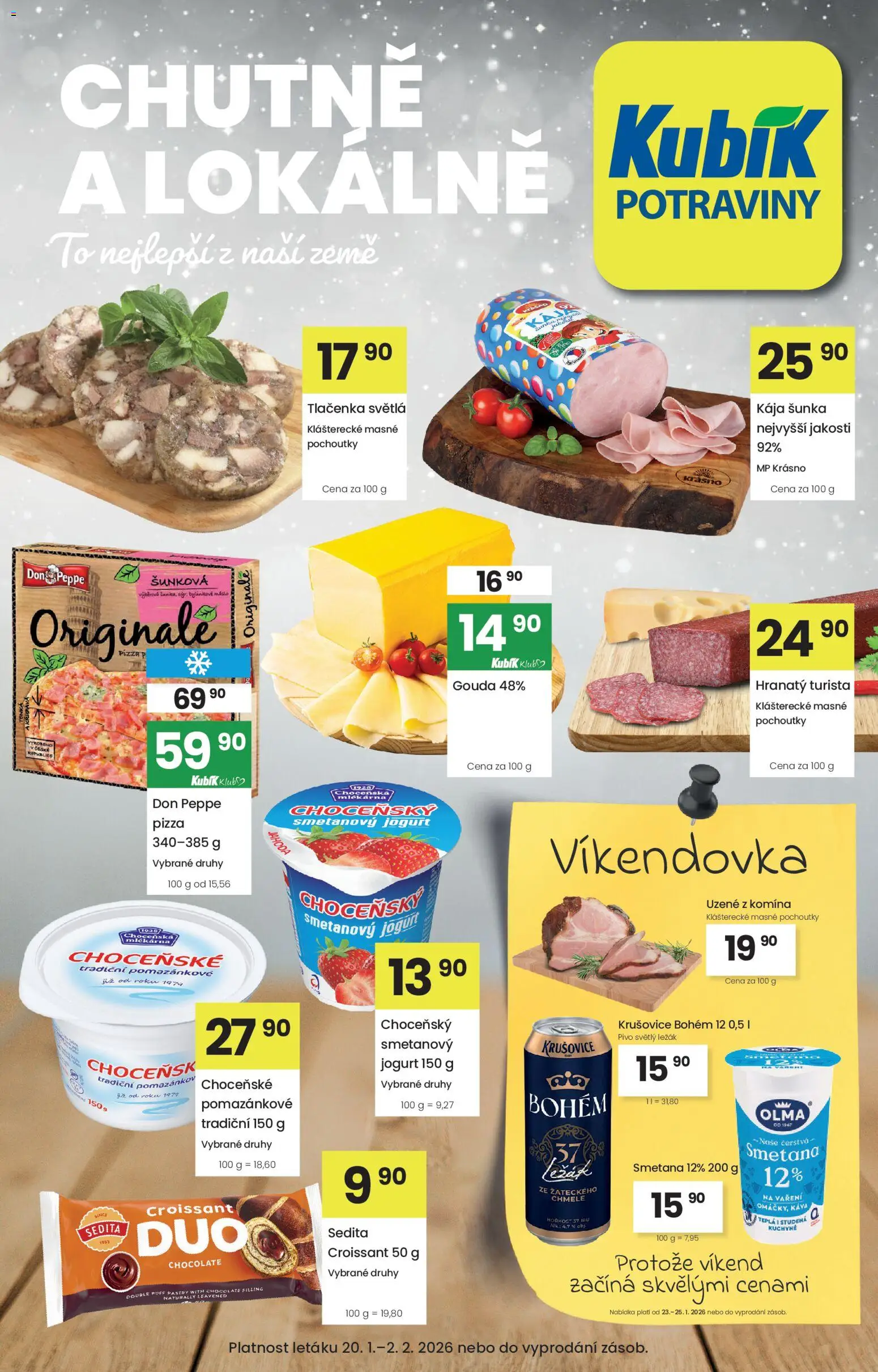 Kubík leták od 20.01.2026 | Strana: 1 | Produkty: Pizza, Pivo, Croissant, Tlačenka