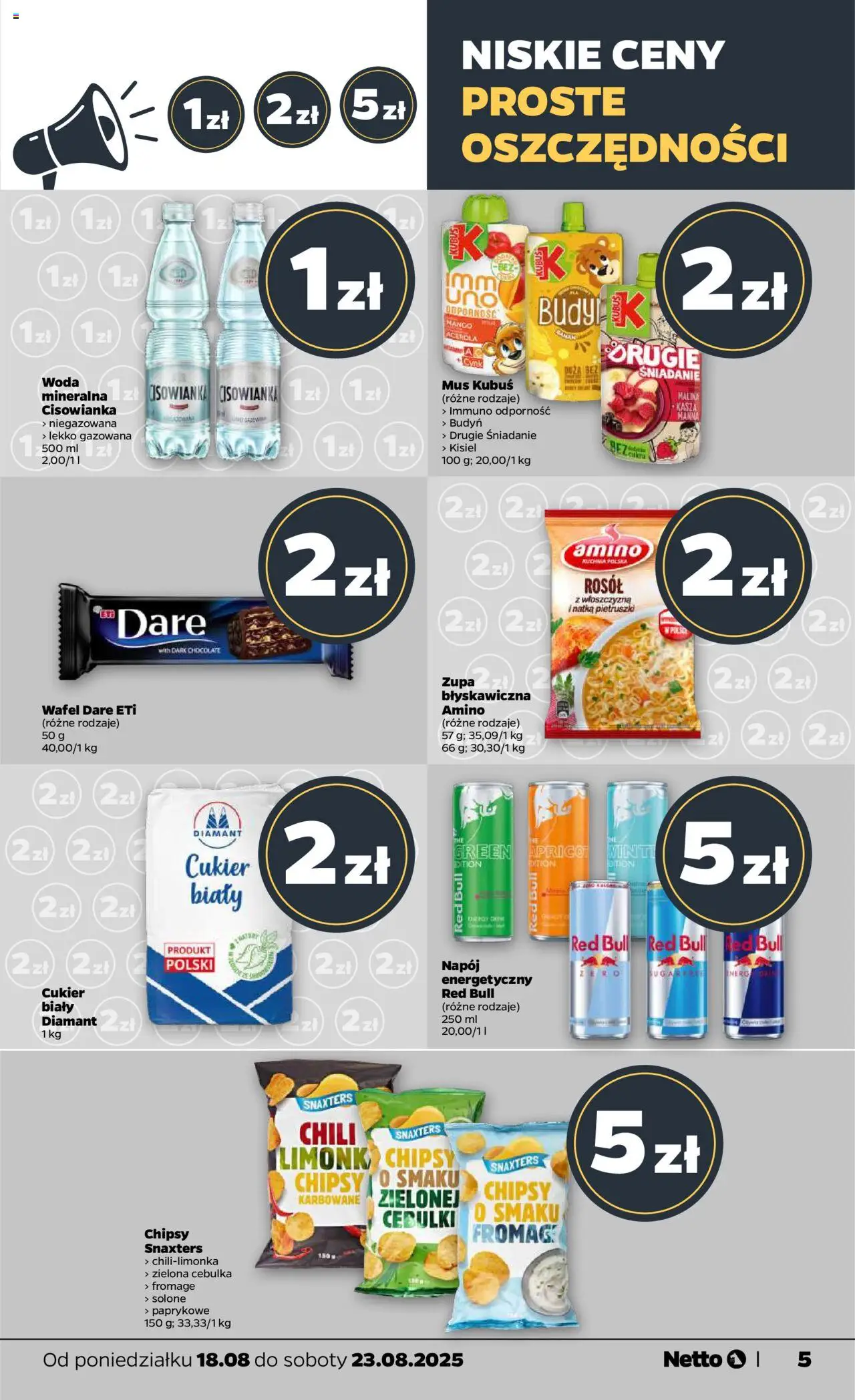 Netto gazetka - Spożywcza od 18.08.2025 | Strona: 5 | Produkty: Kasza, Zupa, Woda, Cukier