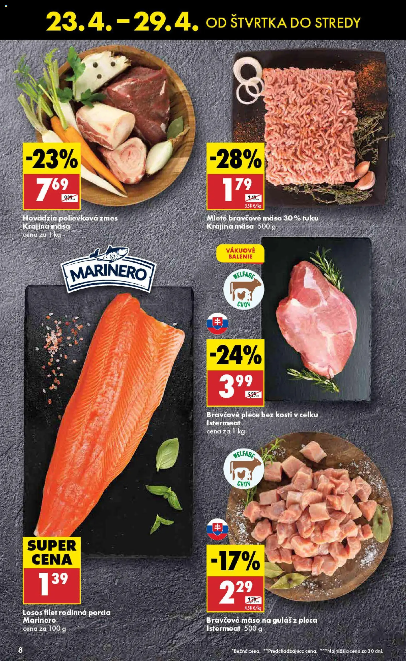 Nové Biedronka akcie – leták je platný od 23.04.2026 | Strana: 8 | Produkty: Bravčové plece, Losos, Bravčové mäso