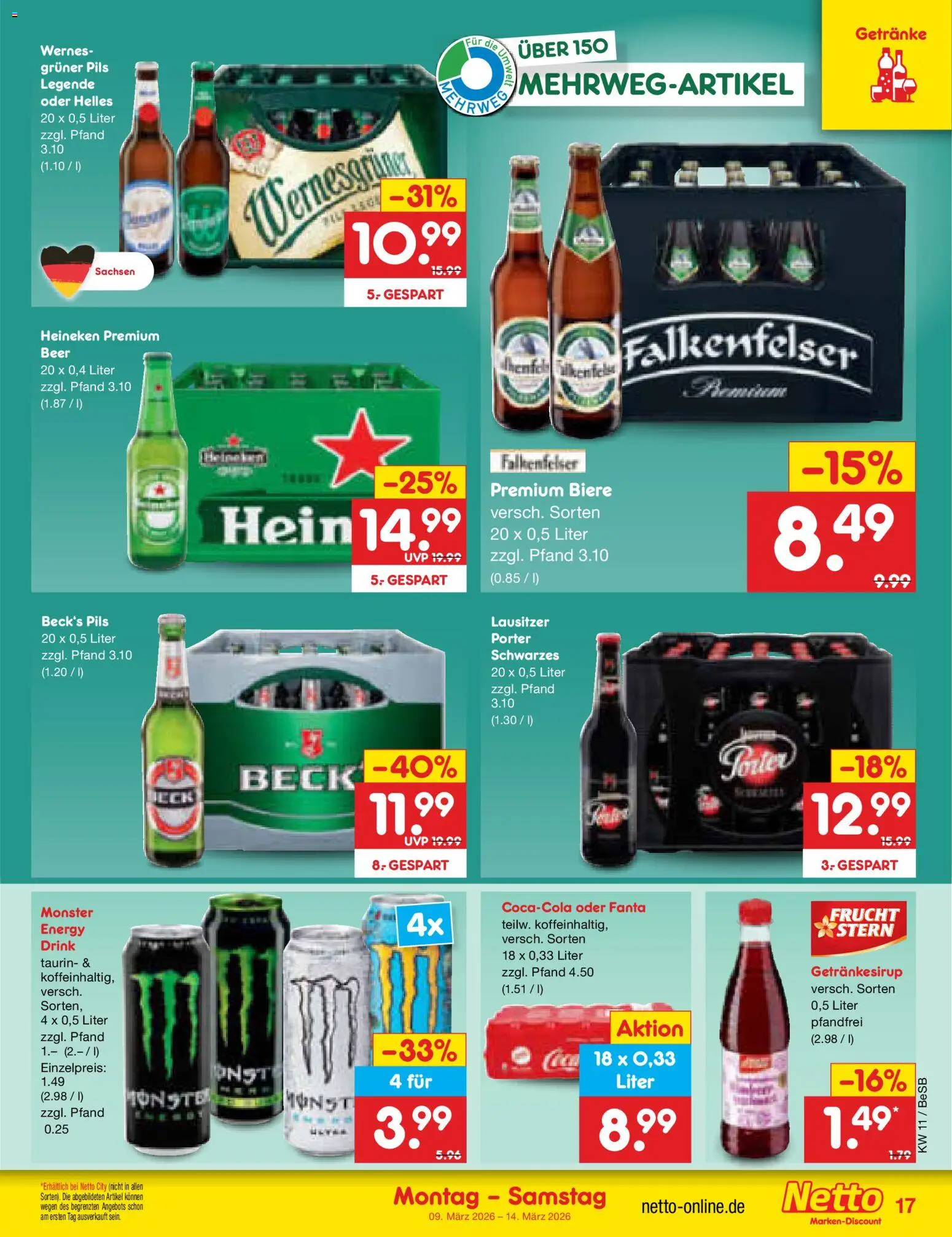 Netto Marken-Discount Prospekt 	 – gültig ab 09.03.2026 | Seite: 21 | Produkte: Fanta, Pils, Wernesgruner, Heineken
