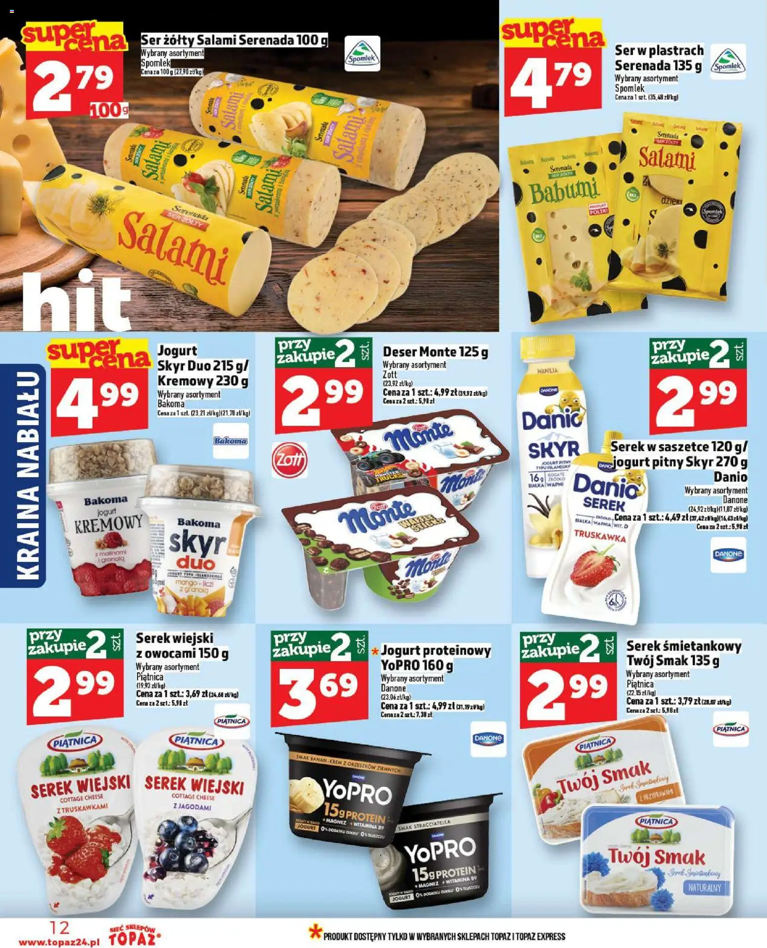 Topaz Gazetka od 20.11.2025 | Strona: 12 | Produkty: Ser żółty, Serek, Jogurt, Salami
