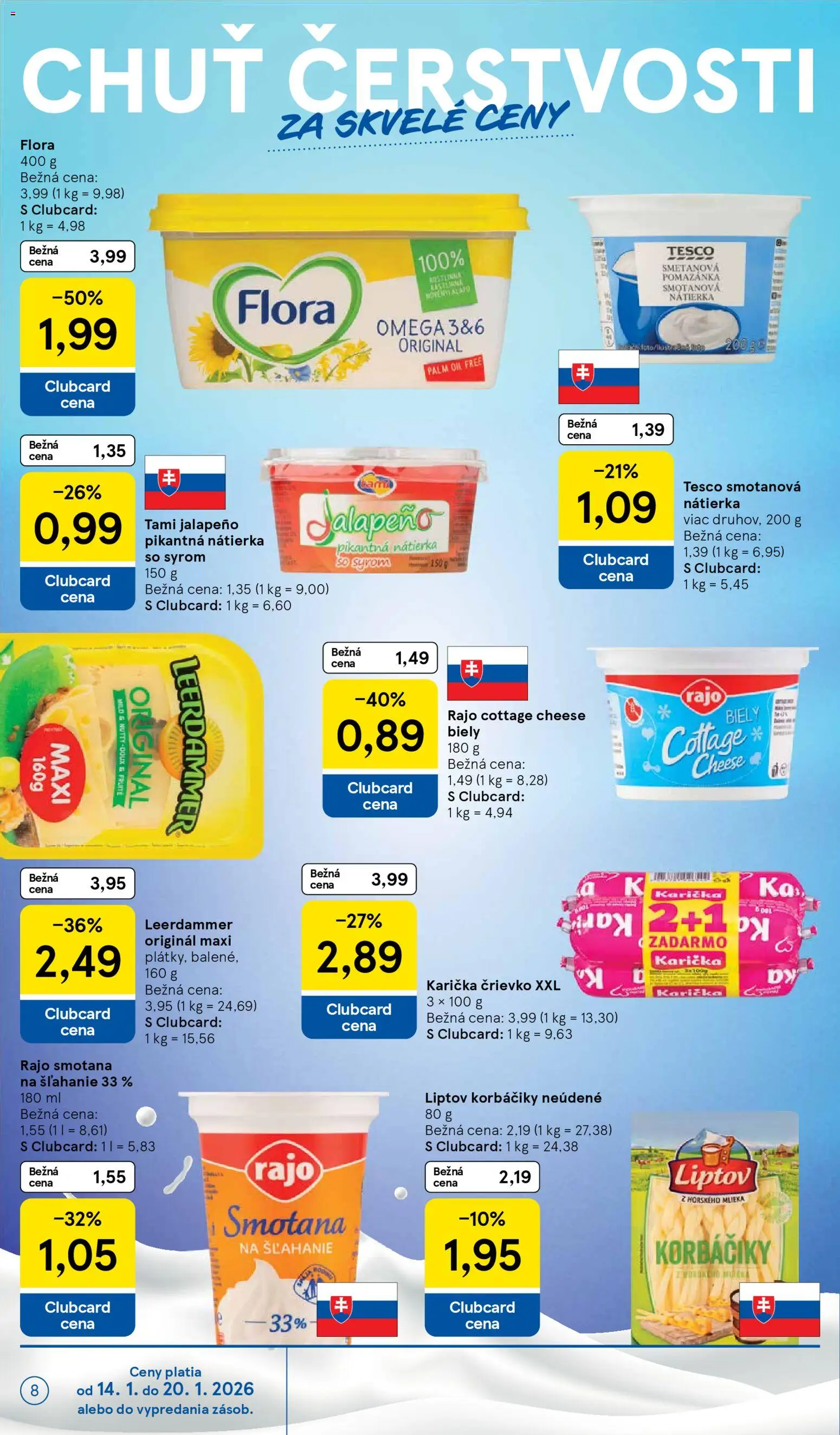 Nové Tesco akcie – leták je platný od 14.01.2026 | Strana: 8 | Produkty: Smotana, Flora, Smotana na šľahanie