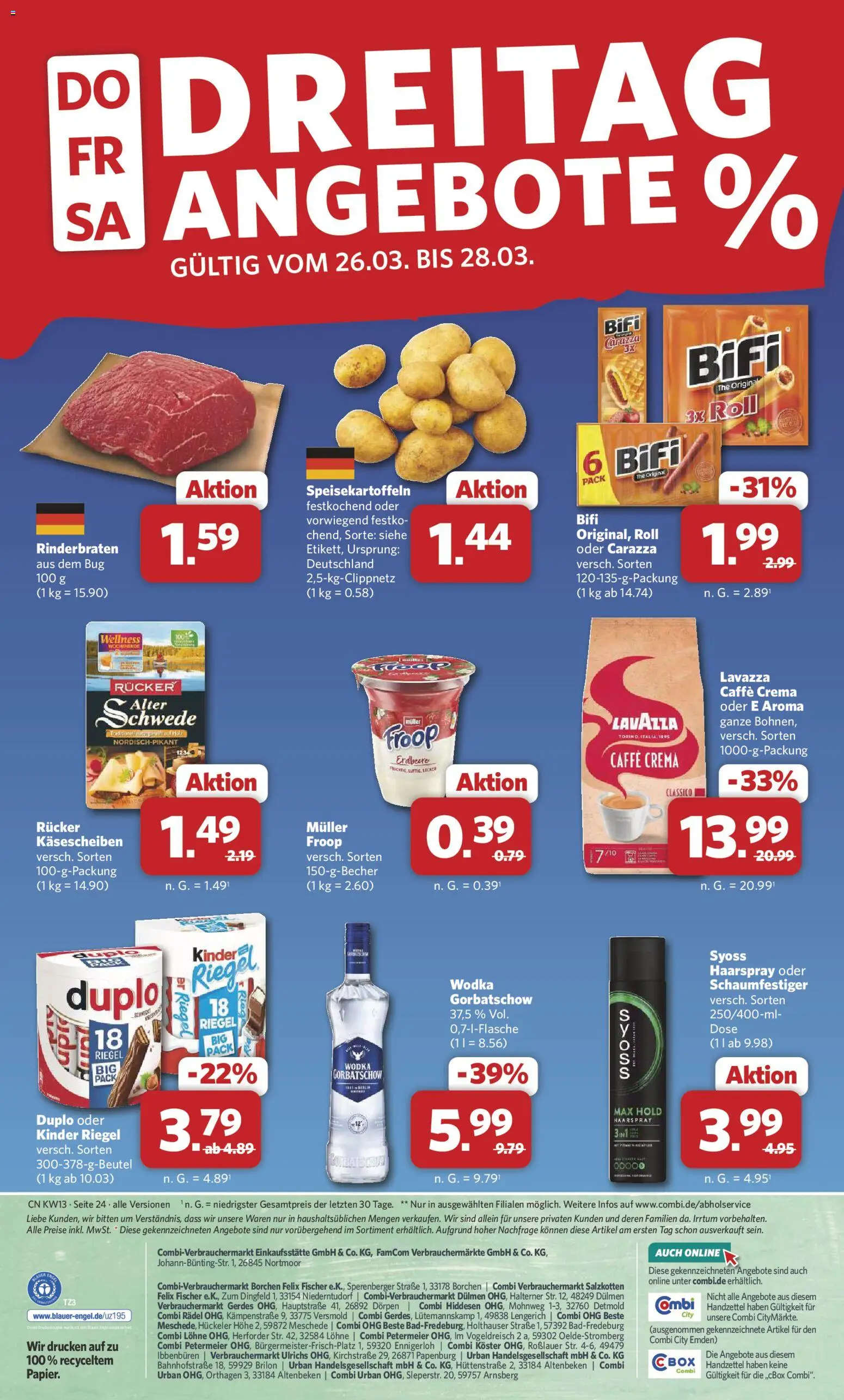 Combi Prospekt 	 – gültig ab 23.03.2026 | Seite: 24 | Produkte: Lavazza, Bifi, Kinder riegel, Wodka
