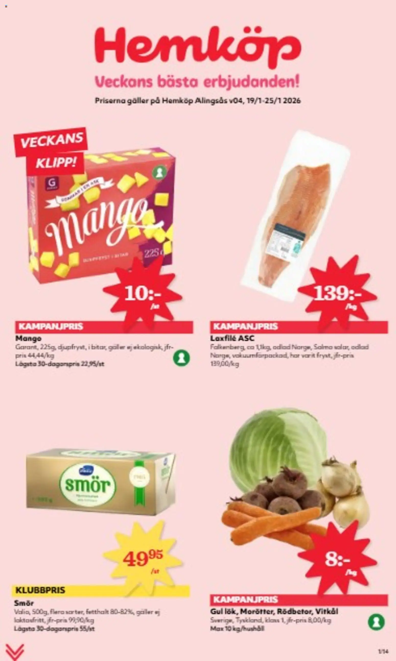 Hemköp reklamblad aktuell från 19.01.2026 | Sida: 1 | Produkter: Galler, Vitkål, Smör, Mango