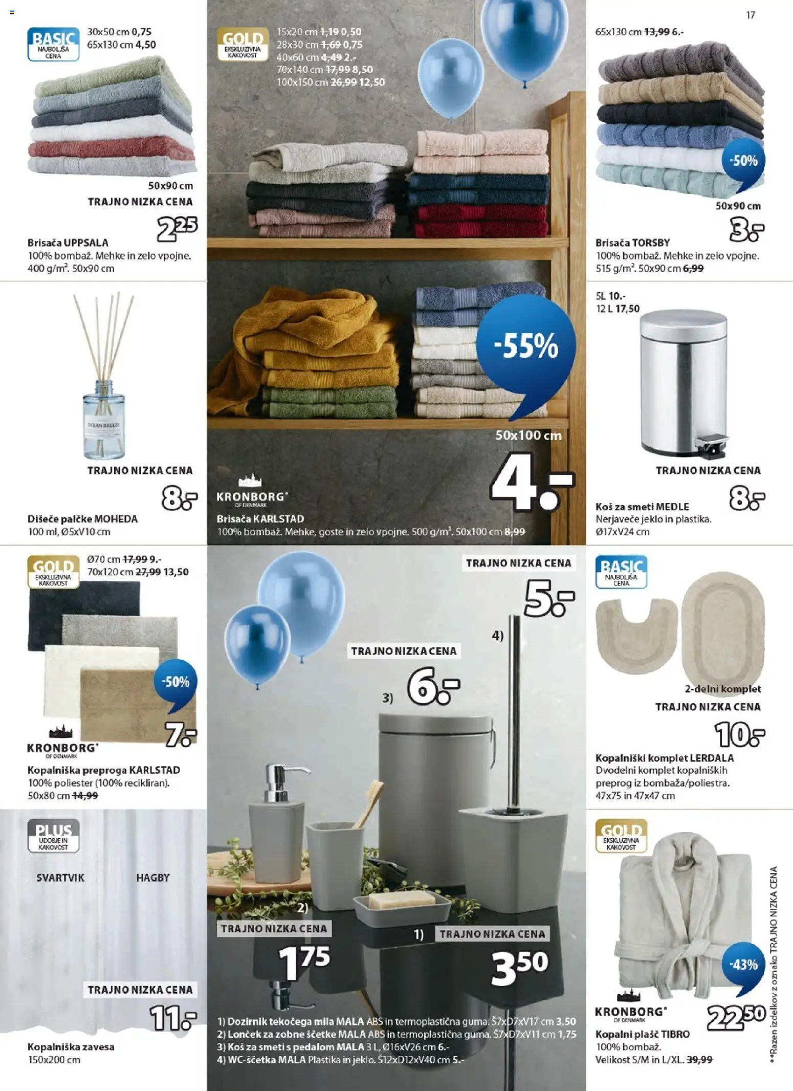 Novi JYSK katalog ponudbe – veljaven od 08.04.2026 | Stran: 17 | Izdelki: Kopalniška zavesa, Brisača, Preproga, Koš za smeti