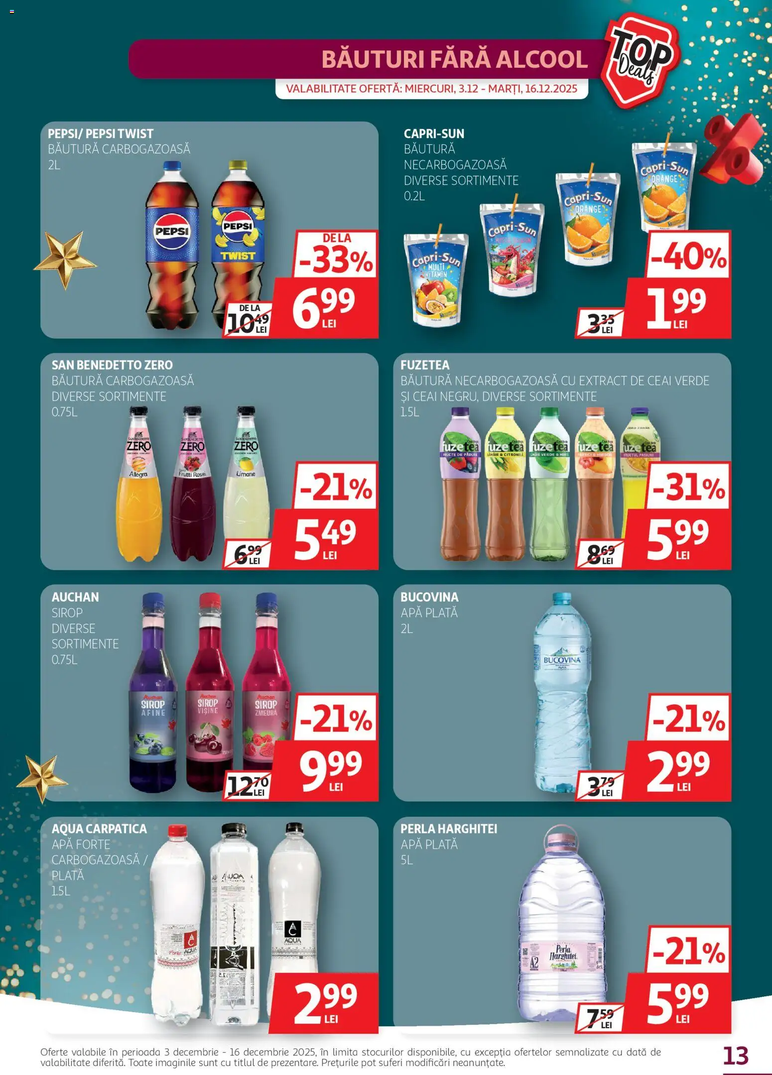 Noul catalog Auchan – valabil de la 03.12.2025 | Pagină: 13 | Produse: Afine, Zmeură, Ceai, Apă