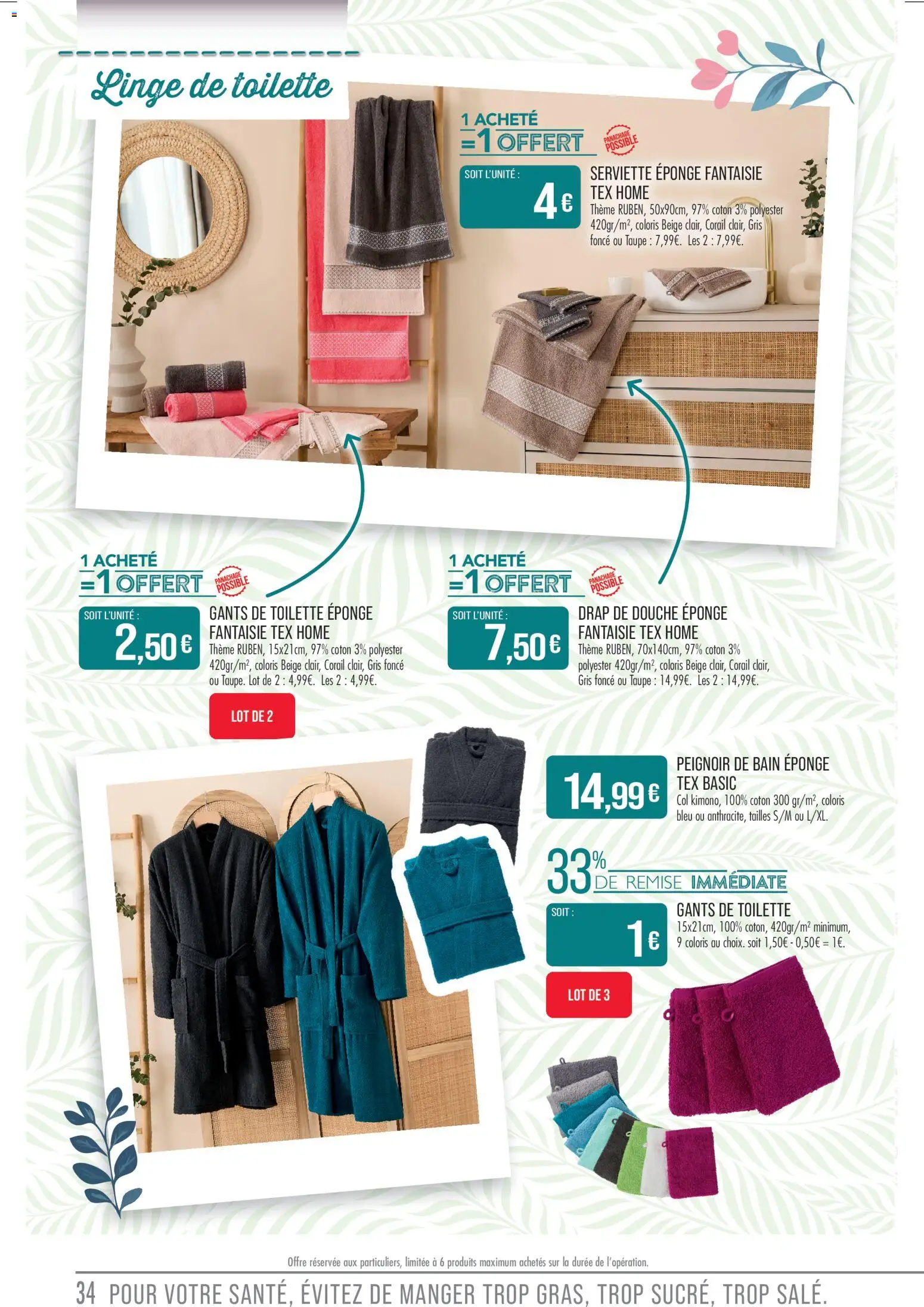 {H1} | Page: 34 | Produits: Coton, Douche, Peignoir de bain, Gants