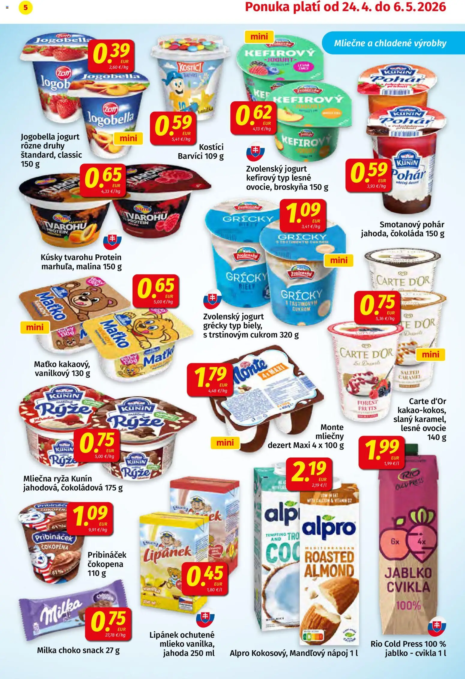 Nové Koruna akcie – leták je platný od 24.04.2026 | Strana: 5 | Produkty: Mlieko, Cvikla, Milka, Alpro