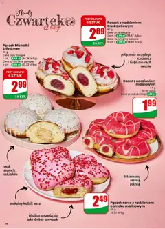 Pogląd oferty "Donut z nadzieniem malinowym, 64 g 31,09 zł/kg Cena przed obniżką: 2,29 zł" - ważna od 11.02.2026 | Strona: 24