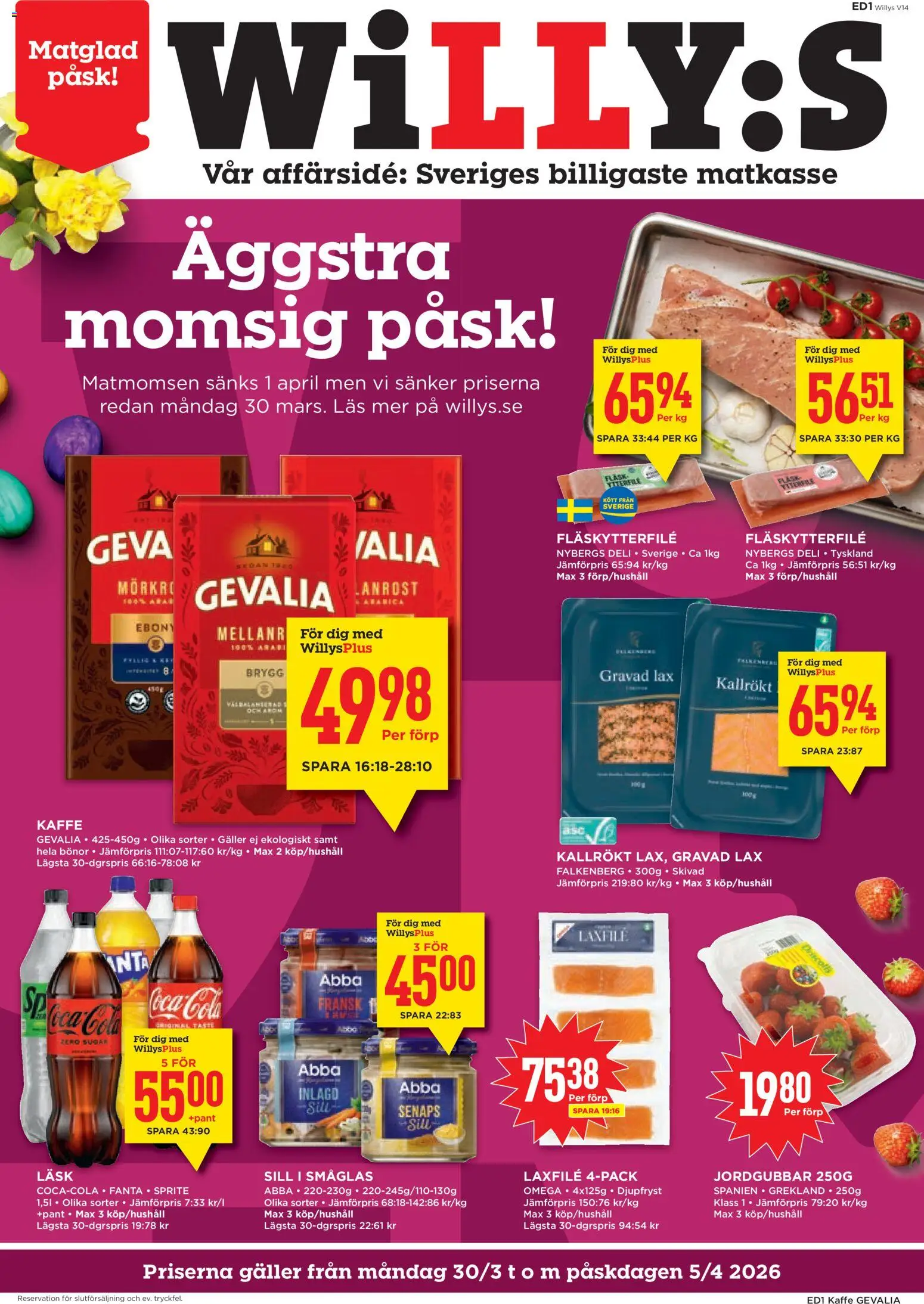 Willys reklamblad aktuell från 30.03.2026 | Sida: 1 | Produkter: Fläskytterfilé, Sill, Sprite, Bönor