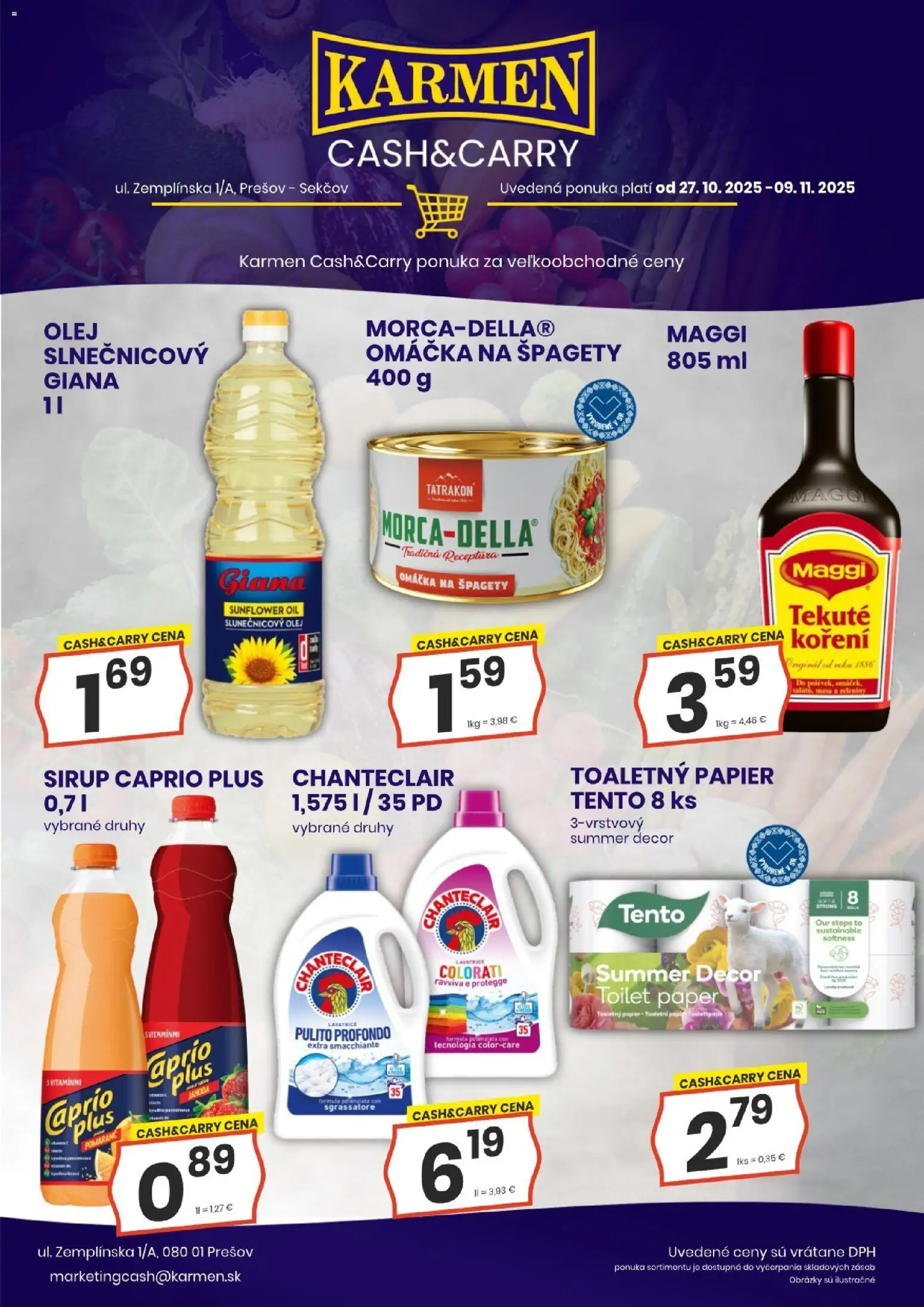 Nové KARMEN CBA akcie – leták je platný od 27.10.2025 | Strana: 2 | Produkty: Olej, Toaletný papier, Omáčka, Špagety
