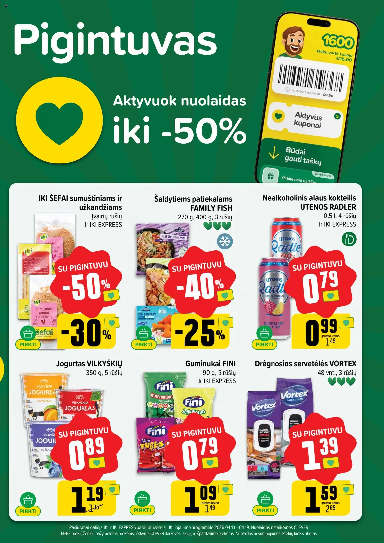 IKI akcijos nuo 13.04.2026 | Puslapis: 9 | Prekių: Sumuštinis, Jogurtas, Vištiena, Guminukai