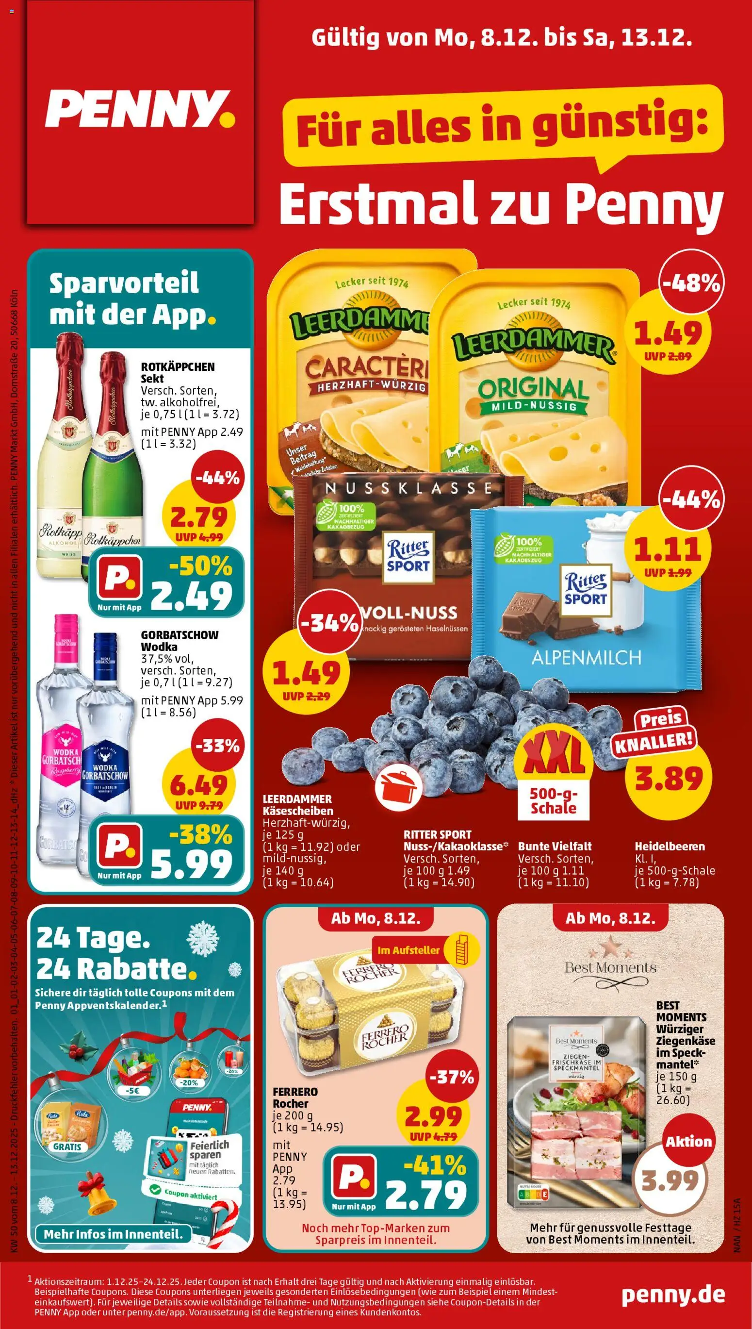 Penny Prospekt 	 – gültig ab 08.12.2025 | Seite: 1 | Produkte: Ritter sport, Heidelbeeren, Mantel, Wodka