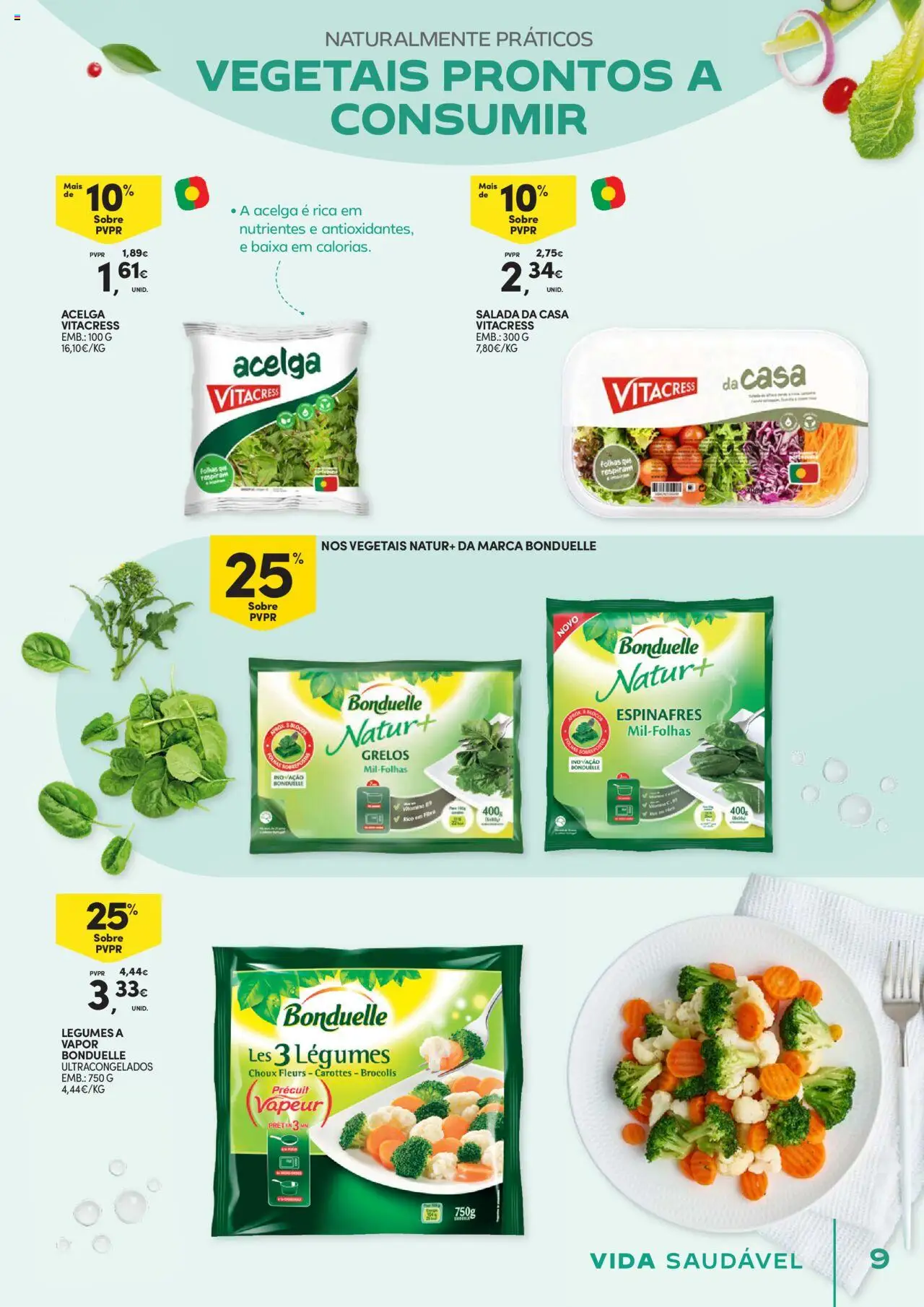 Continente - Vida Saudável: É de quem quer comer bem sem ginástica na carteira │ válido de 21.10.2025 | Página: 9 | Produtos: Espinafres, Grelos, Salada