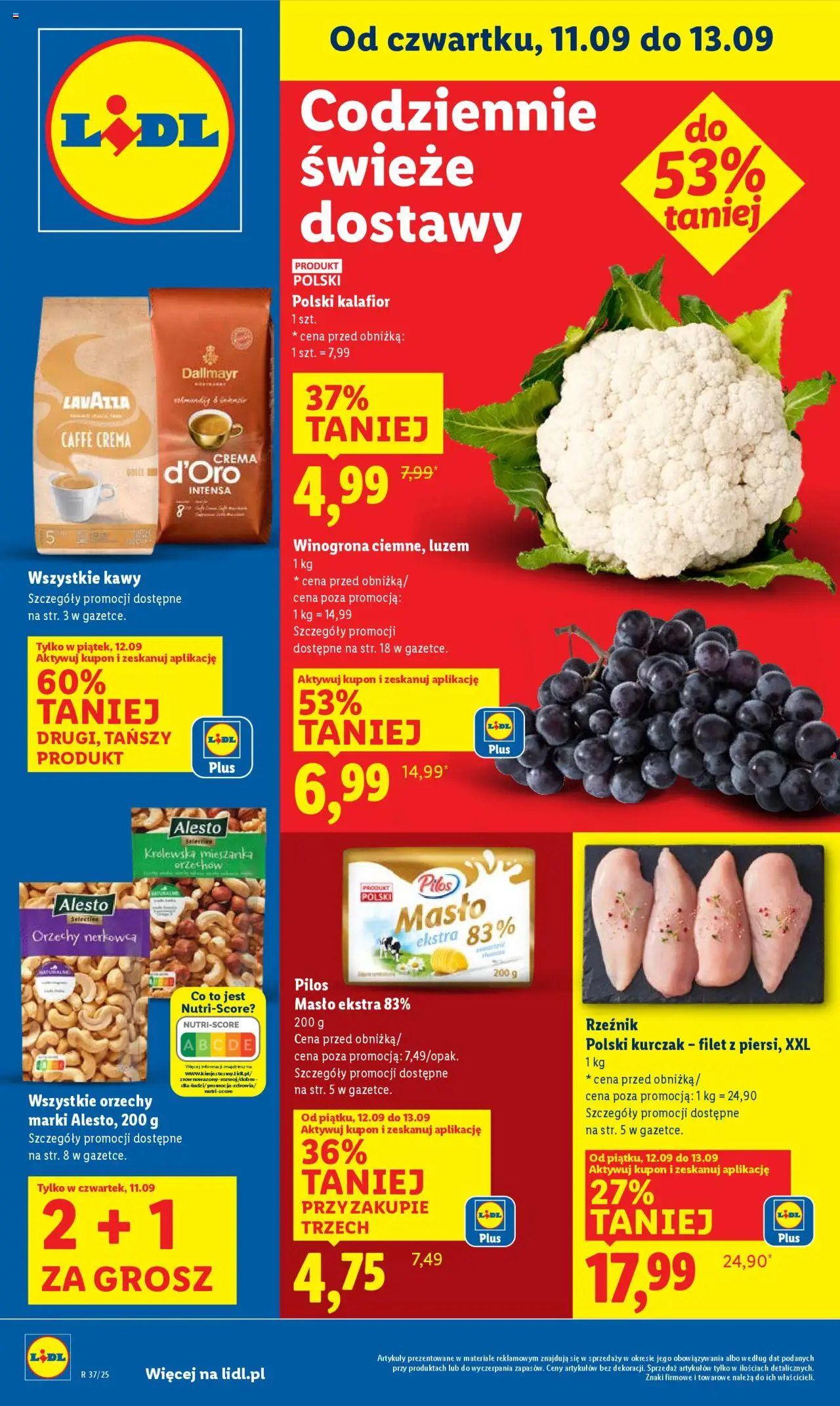 Lidl Gazetka od 11.09.2025 | Strona: 1 | Produkty: Winogrona, Kalafior, Lavazza, Orzechy