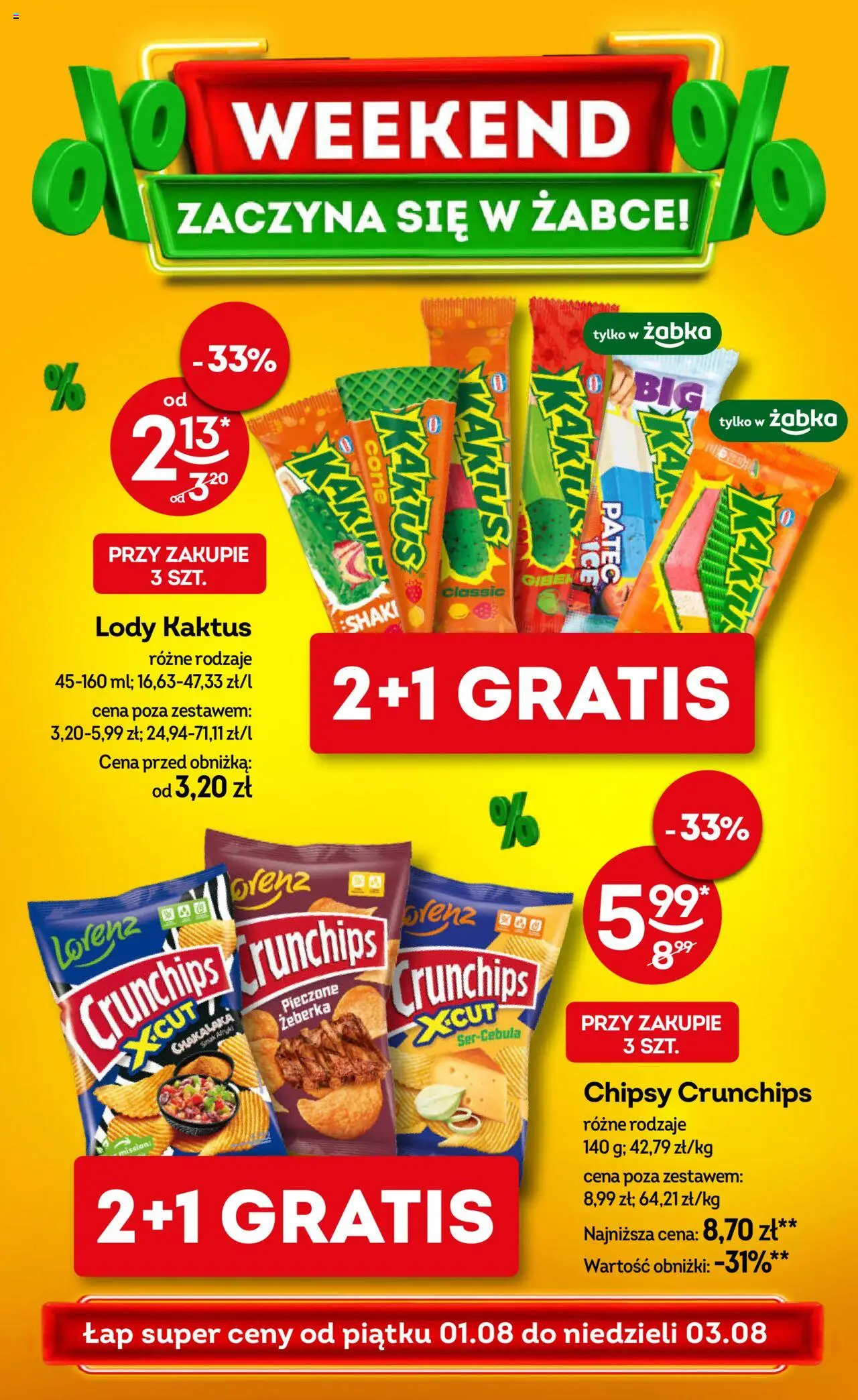Żabka Gazetka - Weekendowe promocje od 01.08.2025 | Strona: 1 | Produkty: Chipsy, Lody Kaktus, Lody