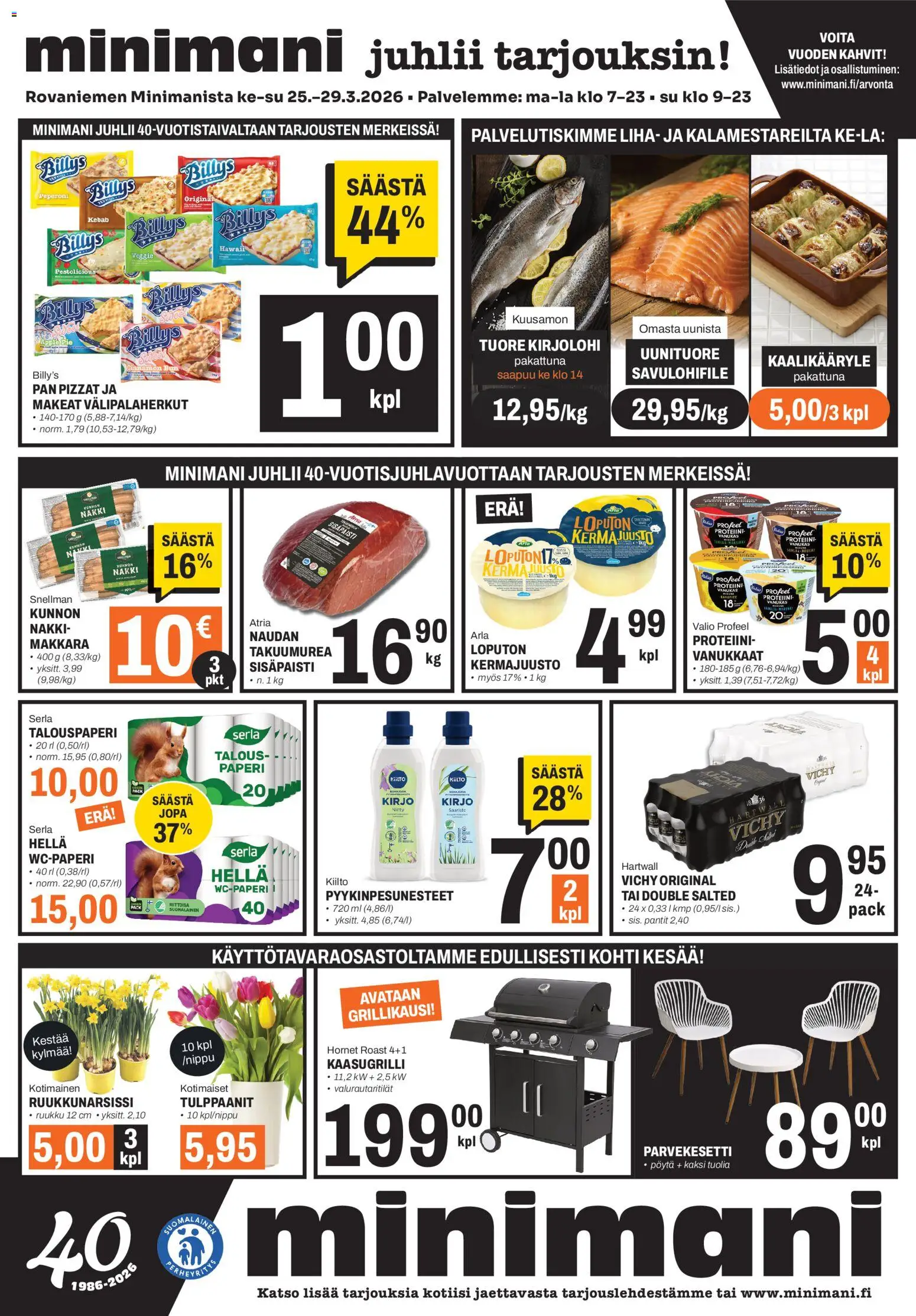 Minimani Tarjoukset - Rovaniemi – voimassa 25.03.2026 alkaen | Sivu: 1 | Tuotteet: Kaasugrilli, Pöytä, Kermajuusto, Paperi