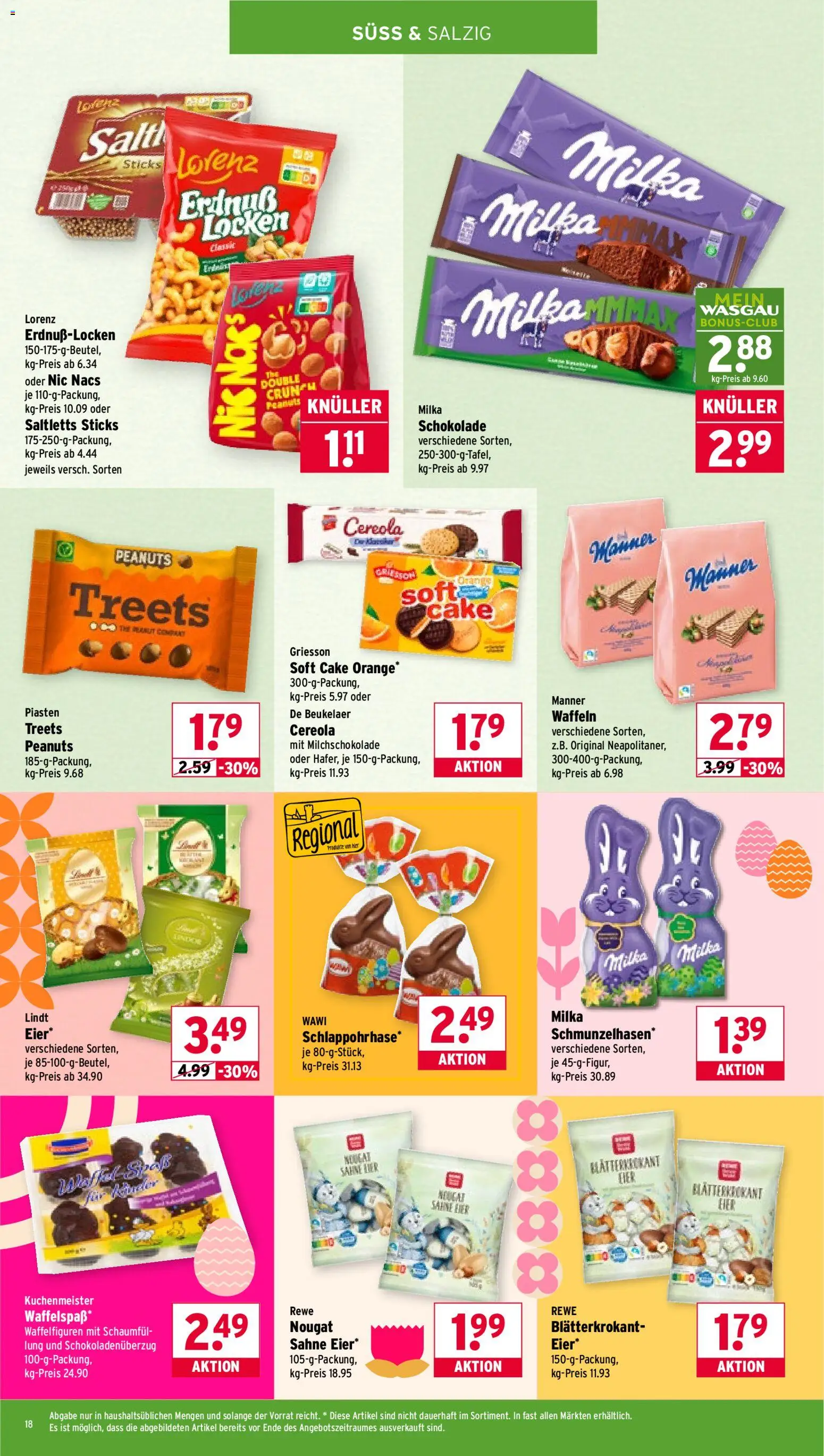 Wasgau Prospekt 	 – gültig ab 16.03.2026 | Seite: 18 | Produkte: Schokolade, Milka, Waffeln, Sahne