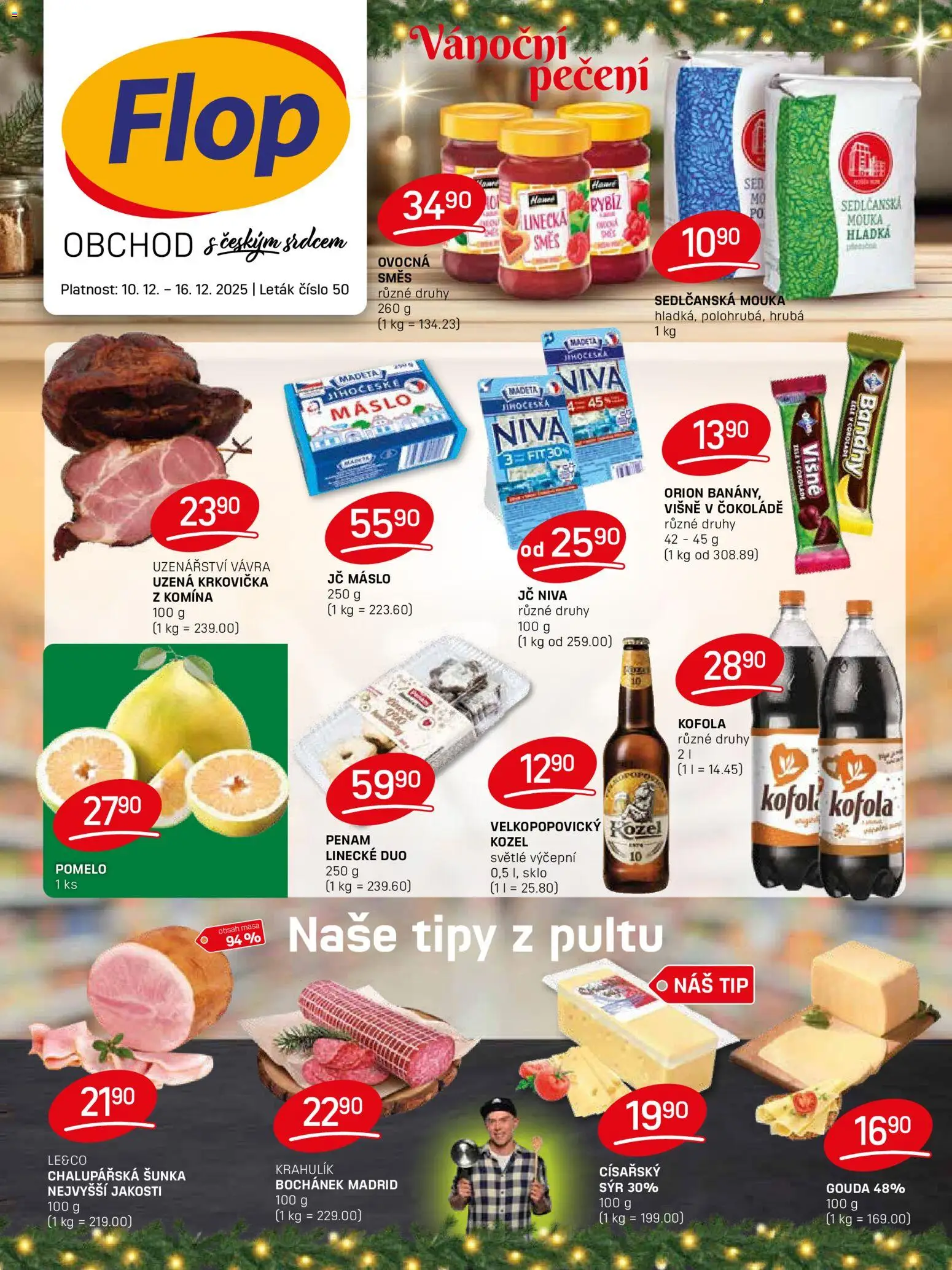 Flop leták od 10.12.2025 | Strana: 1 | Produkty: Máslo, Velkopopovický Kozel, Kofola, Niva