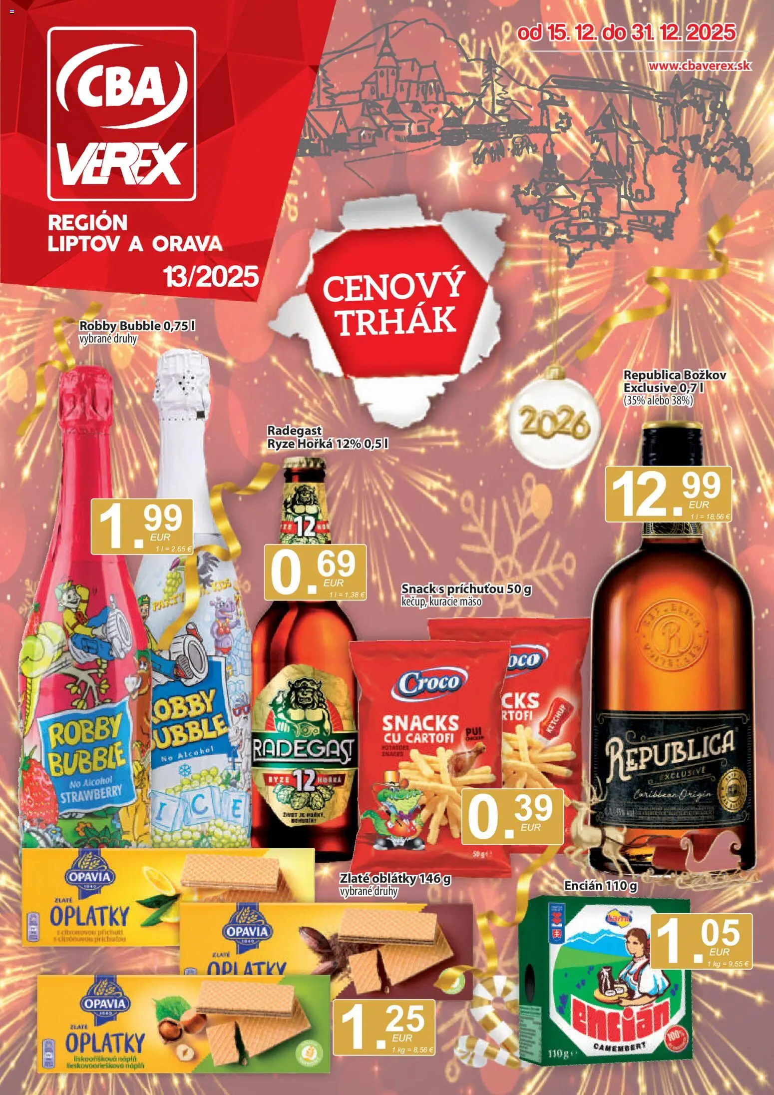 Nové CBA Verex akcie – leták je platný od 15.12.2025 | Strana: 1 | Produkty: Kuracie mäso, Božkov, Radegast, Republica