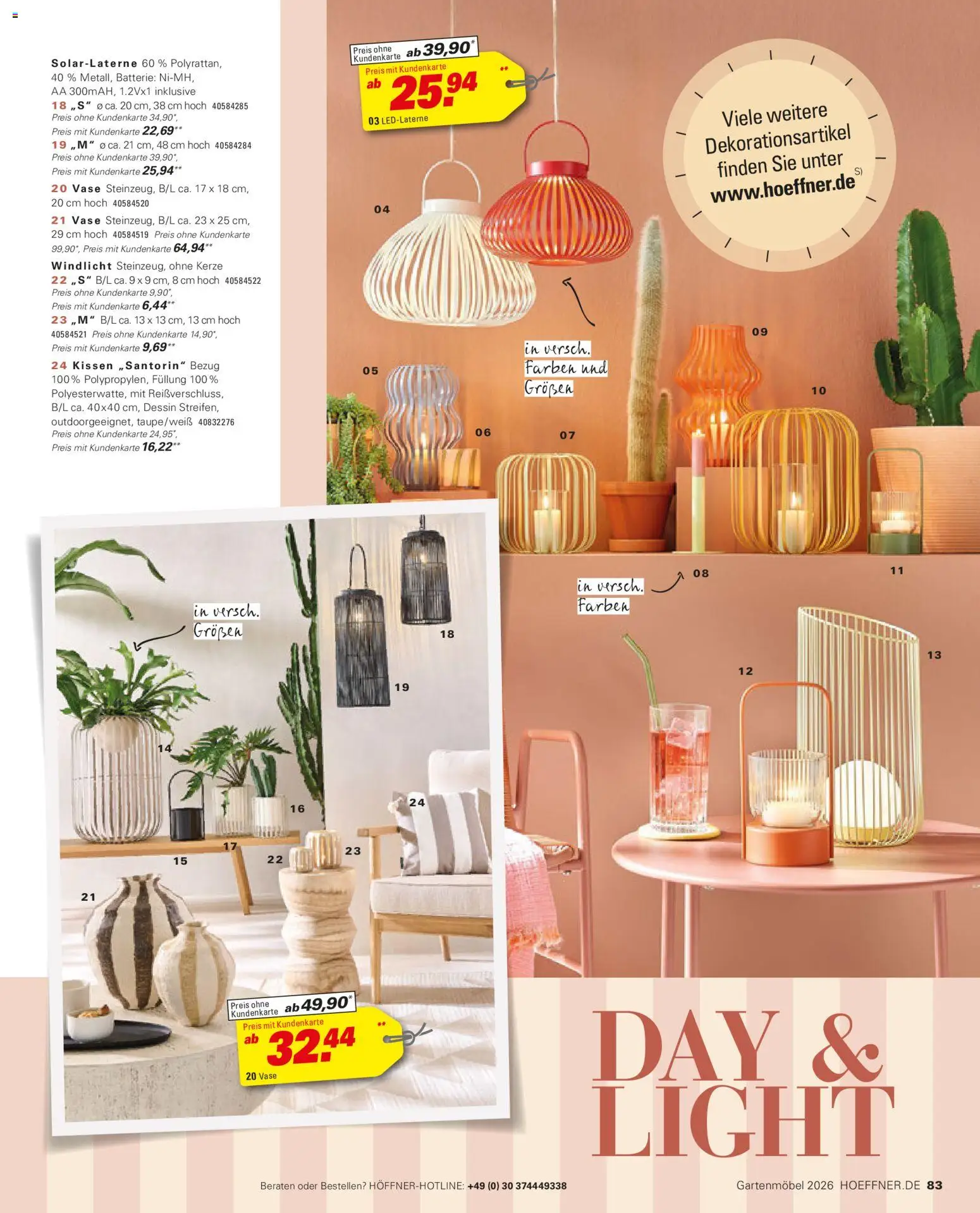 Höffner Prospekt Gartenmöbel – gültig ab 27.03.2026 | Seite: 83 | Produkte: Kissen, Gartenmöbel, Batterie, Vase