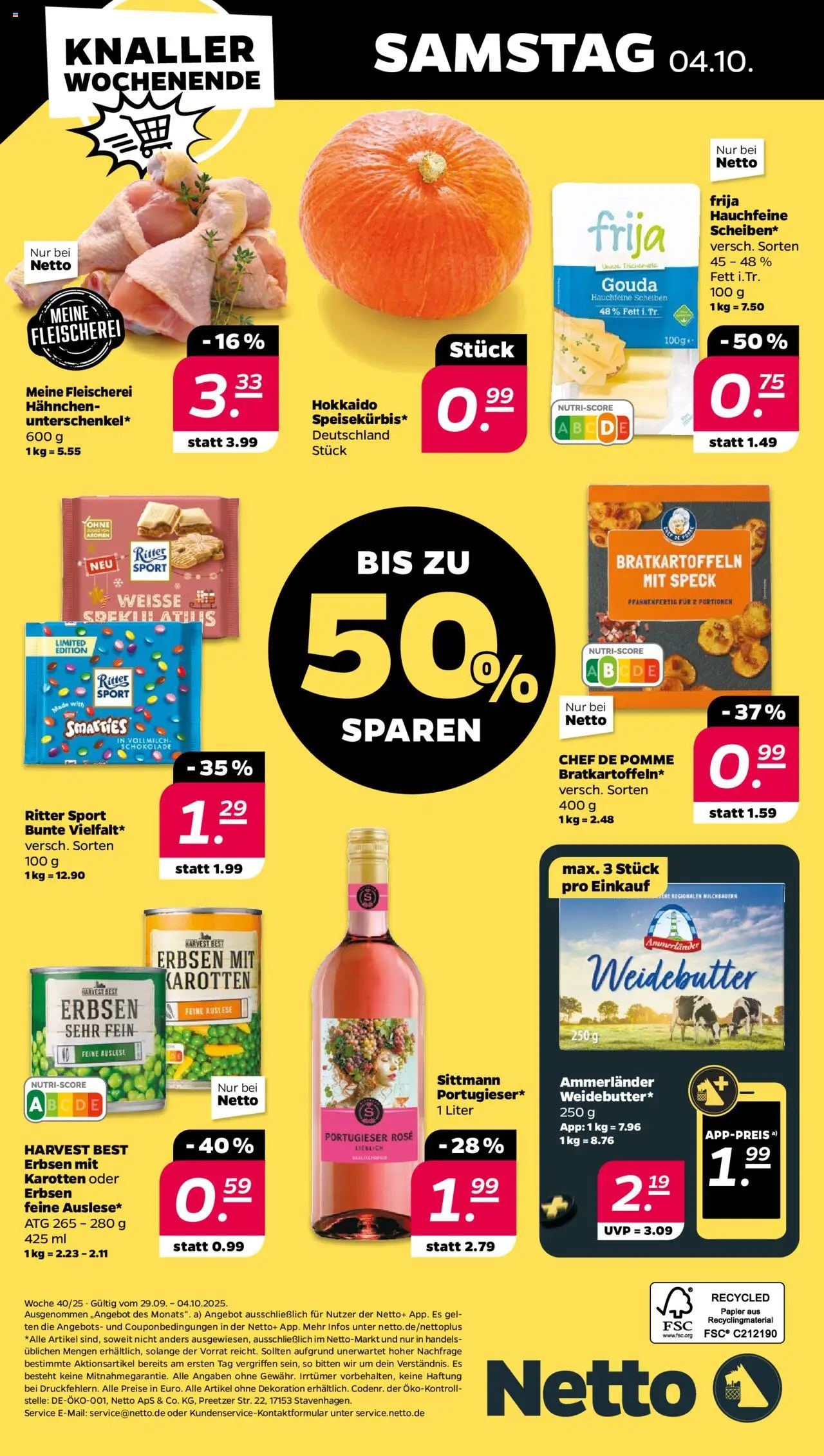Netto Prospekt 	 – gültig ab 29.09.2025 | Seite: 32 | Produkte: Hahnchen, Ritter sport, Smarties, Erbsen