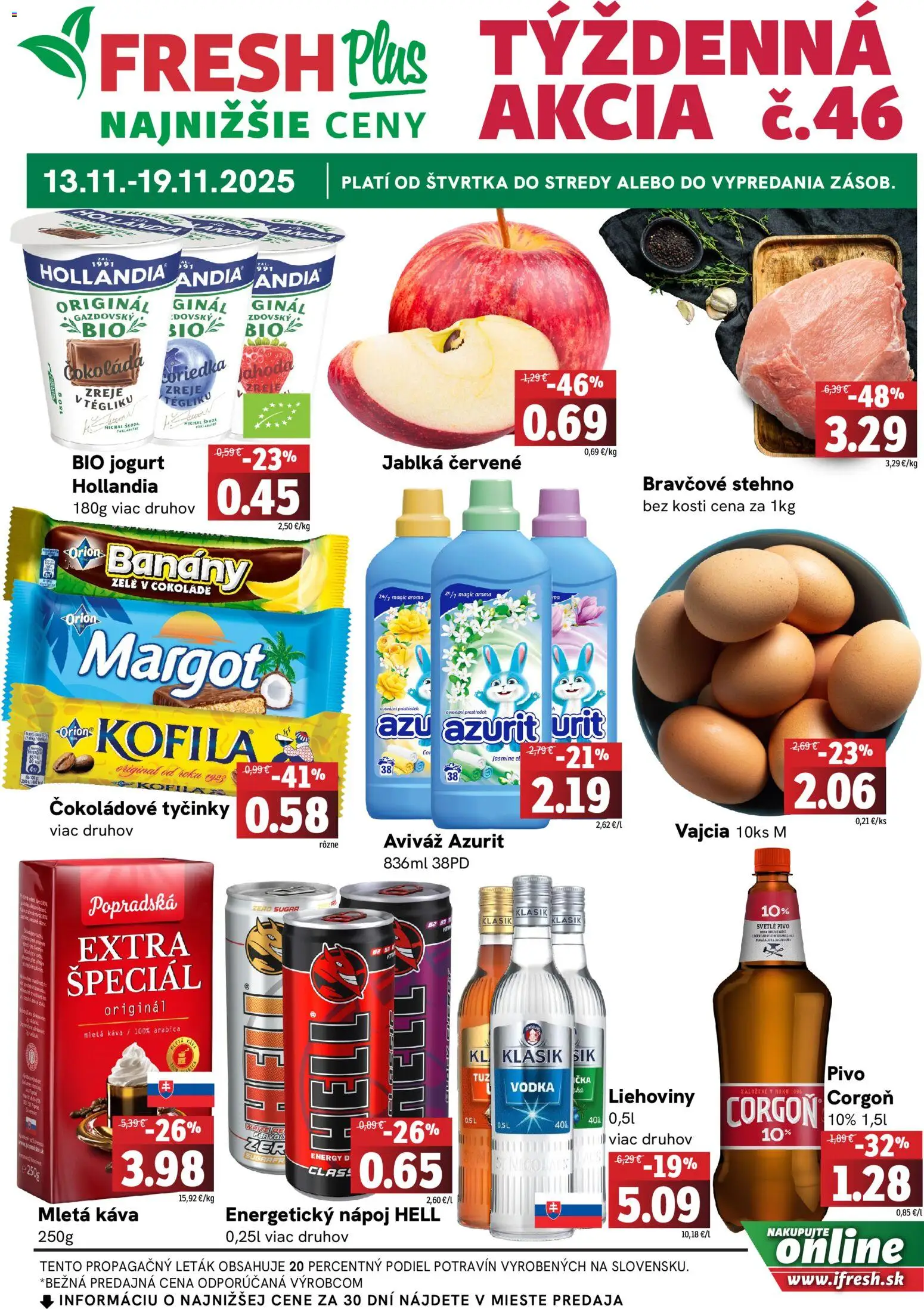 Nové Fresh akcie – leták je platný od 13.11.2025 | Strana: 1 | Produkty: Jogurt, Káva, Bravčové stehno, Čokoláda